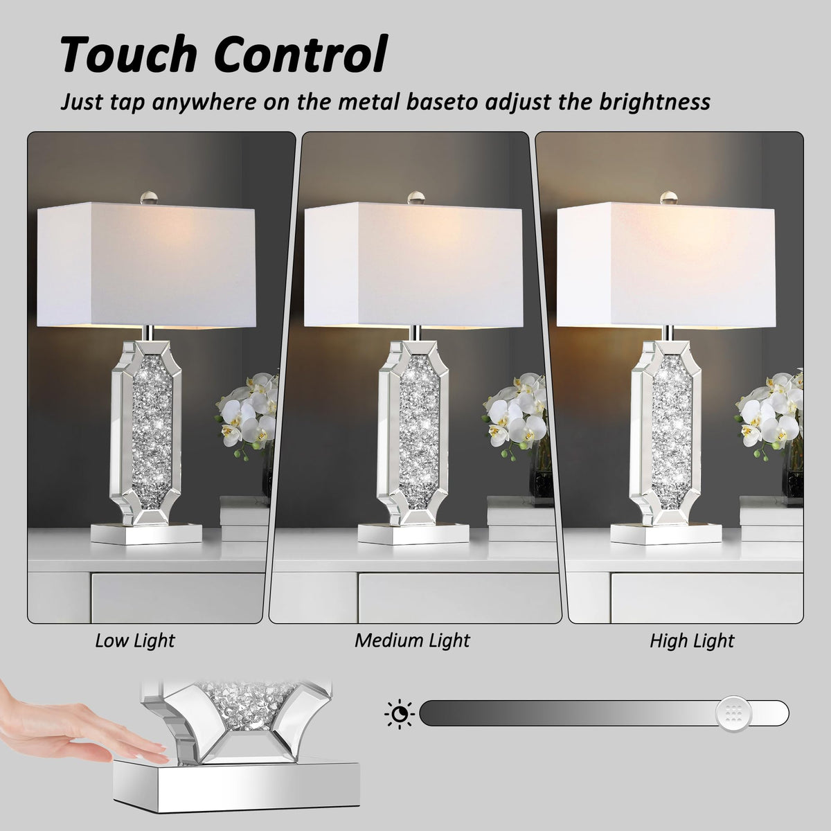 Hamucd 3-Way Dimmable Touch Diamond Crushed Mirrored Bedside Table Lamps Set of 2 for Living Room with USB A+C Ports,Tall Silver Modern Bling Nightstands Lamps for Bedroom with 2 Bulbs (Silver)