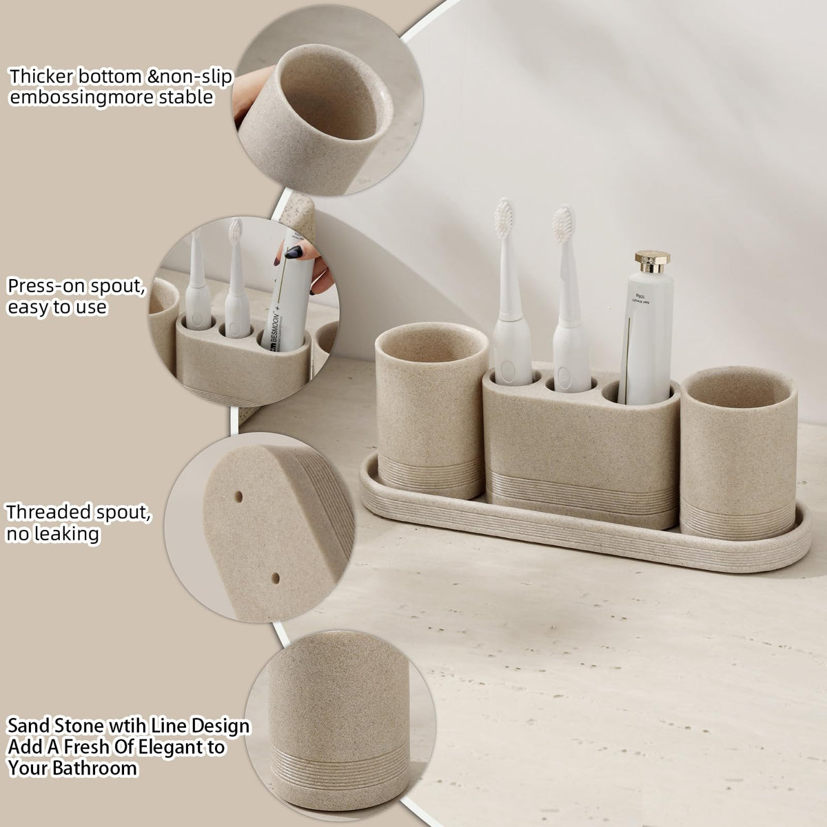 WUUAHOME Bathroom Accessories Set, 4 pcs Toothbrush Holders Set Included 3 Slots Electric Toothbrush and Toothpaste Holder Stand, 2 Tumblers & Tray for Bathroom Countertop Sink Modern Decor (Beige)