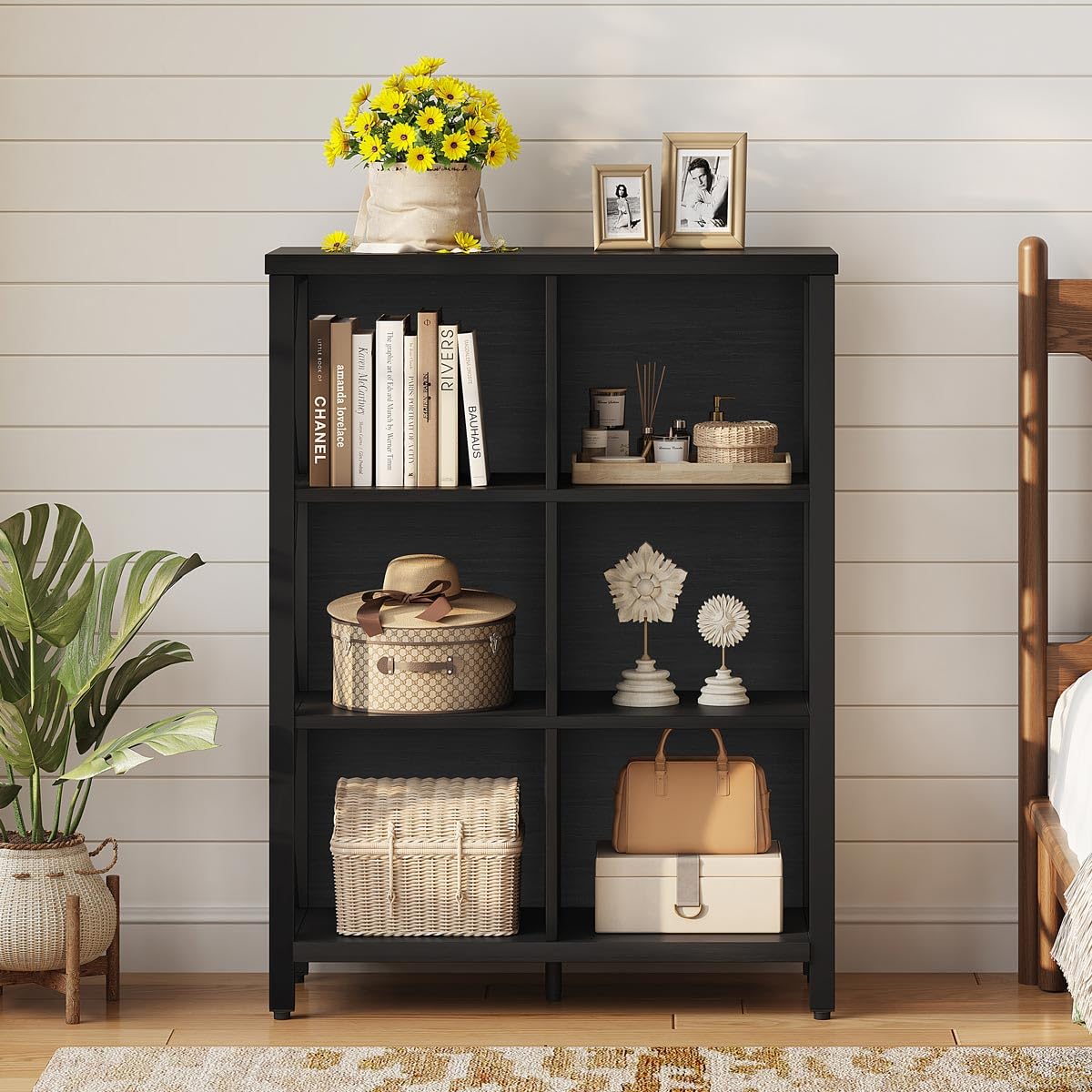 FATORRI 6 Cube Storage Organizer with Storage, Modern 4-Tier Bookshelf with X-Shaped Metal Frame, Black Wood Bookcase for Living Room, Home Office, Bedroom, Easy Assembly