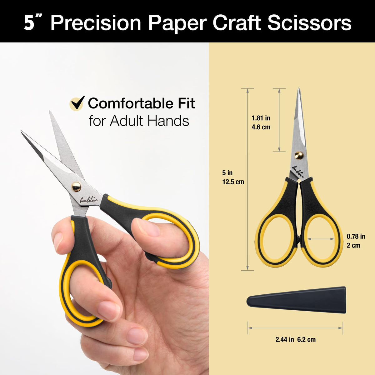 Beaditive Precision Craft Scissors - Stainless Steel Blades With Safety Cap - Ultra Sharp Tip & Non-Slip TPR Handles - For Adult & Kid Paper Crafting, Scrapbooking, Home, Office, and School Use