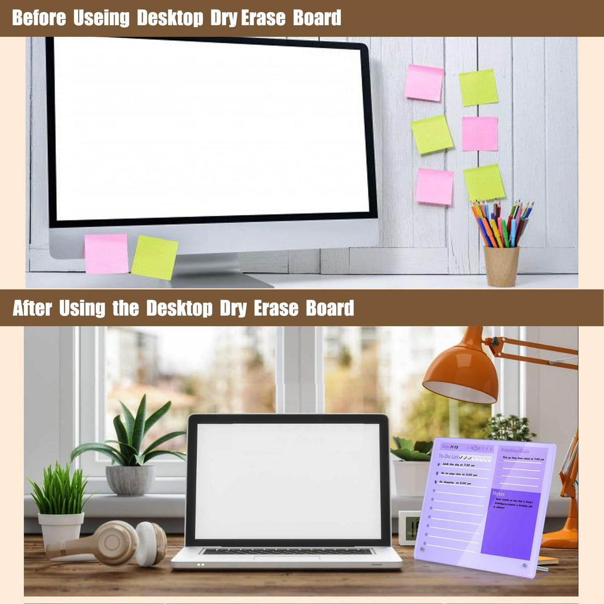 Desktop Thick Acrylic Dry Erase Board to Do Planning Board, 12" x 10", Desktop White Board with Stand, Frameless Purple Dry Erase White Board for Office/Home/School