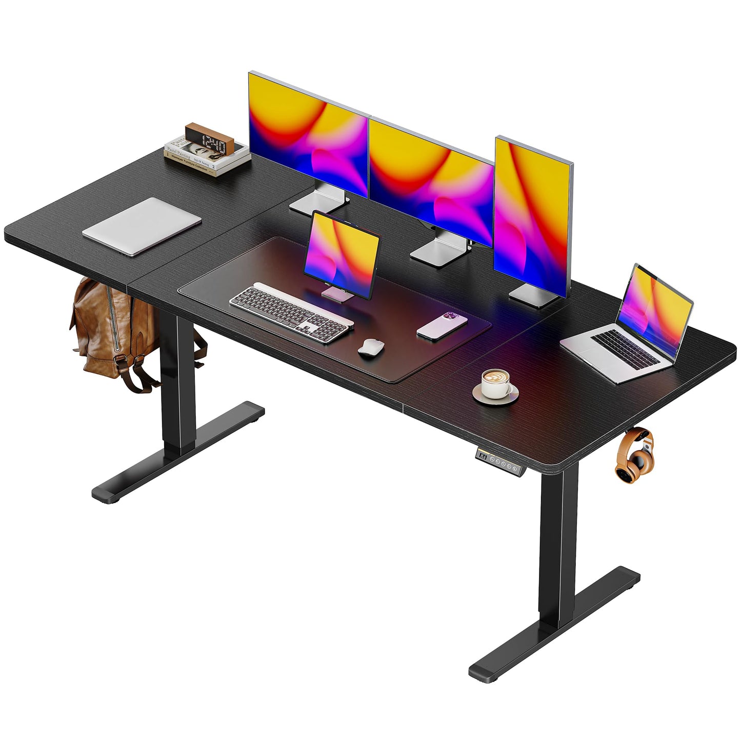 Huuger 63 x 28 Large Electric Standing Desk, Height Adjustable Computer Desk, 27.6" Deep Desktop, Stand up Gaming Office Table with 2 Hooks, 3 Preset Heights, for Home Office, Black
