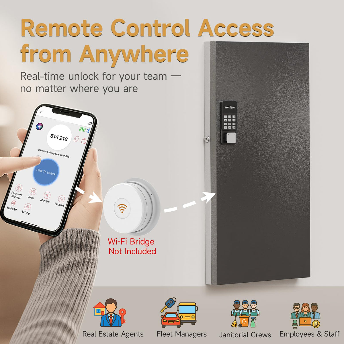 DiDiHere 120-Key Smart Key Lock Box Wall Mount – Commercial Key Cabinet with App, Keypad, Bluetooth & WiFi Unlock (Sold Separately), Access Log Tracking, Key Management System for School, Office