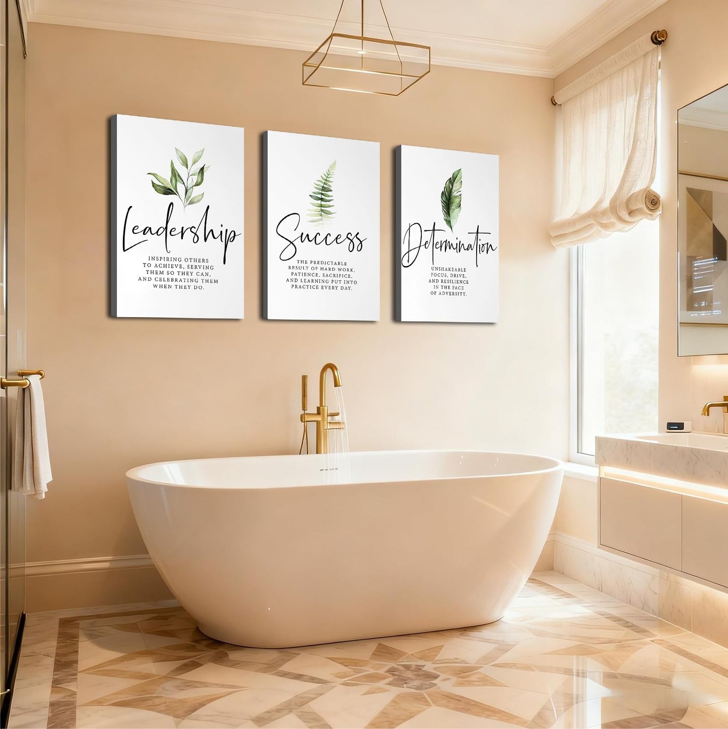 Set of 3 Framed Canvas Art - Motivational Office Wall Decor, Leadership/Success Quotes with Leaves, Inspirational Prints for Bedroom, Framed Positive Vibe Wall Art