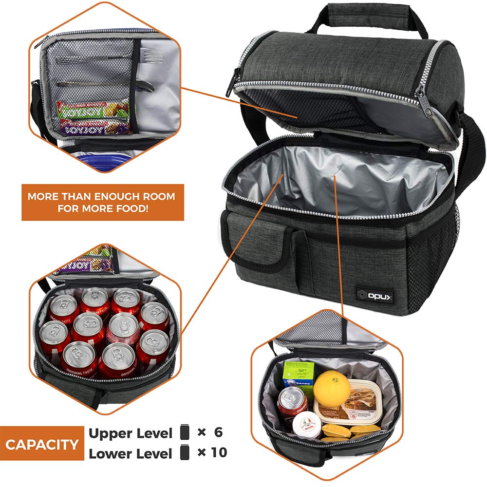 opux Insulated Lunch Bag Women Men, Dual Compartment Leakproof Lunch Box Adults Kids, Double Decker Meal Prep Bento Lunch Cooler Tote with Shoulder Strap for Work Office School Travel, Dark Gray