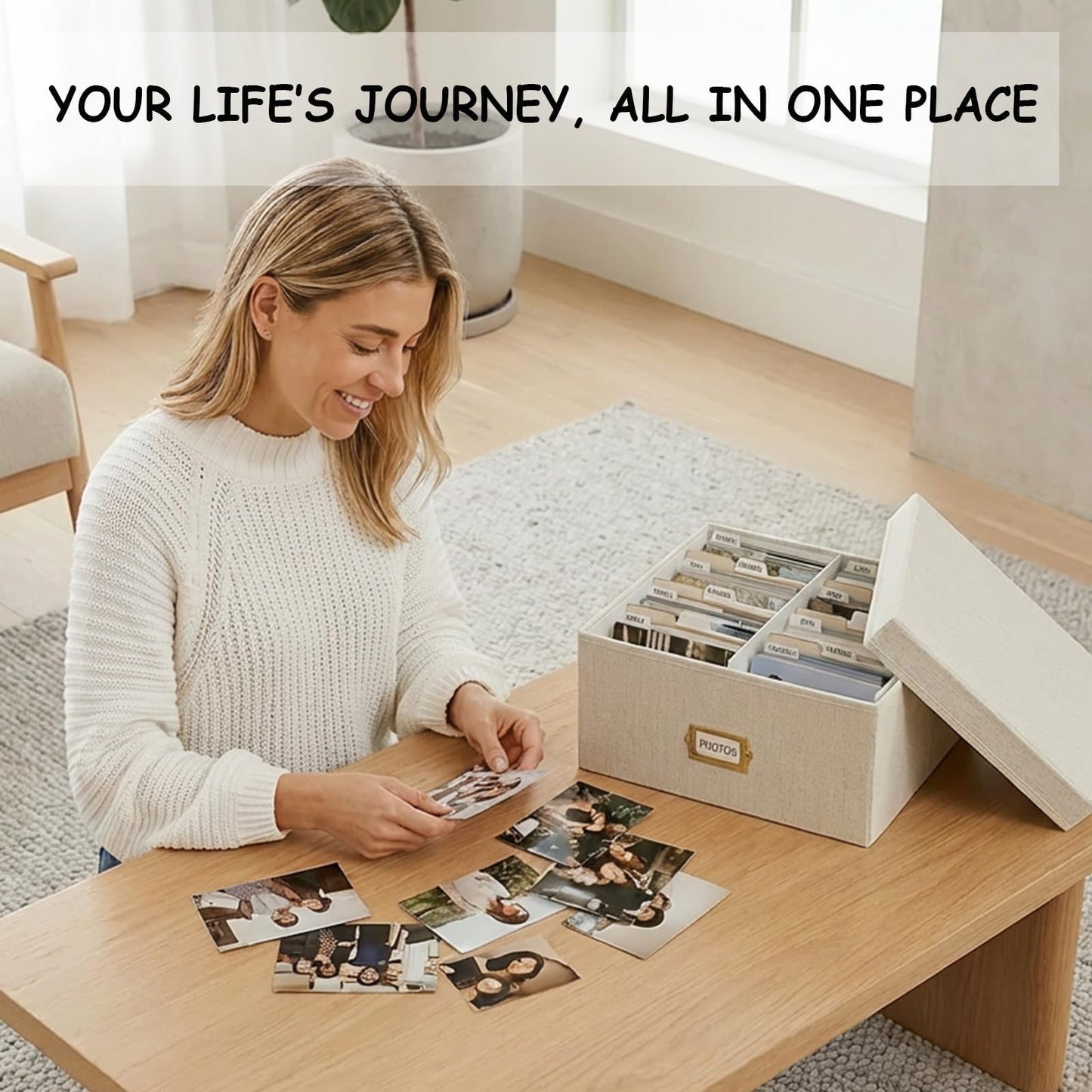 LEARNIBEE Decorative Photo Storage Box, Sturdy Linen Photo Organizer with Dividers & Envelopes, Holds Up to 1700 Pictures and 4x6 Photos, Keepsake Storage for Photos, Scrapbooks & Cards