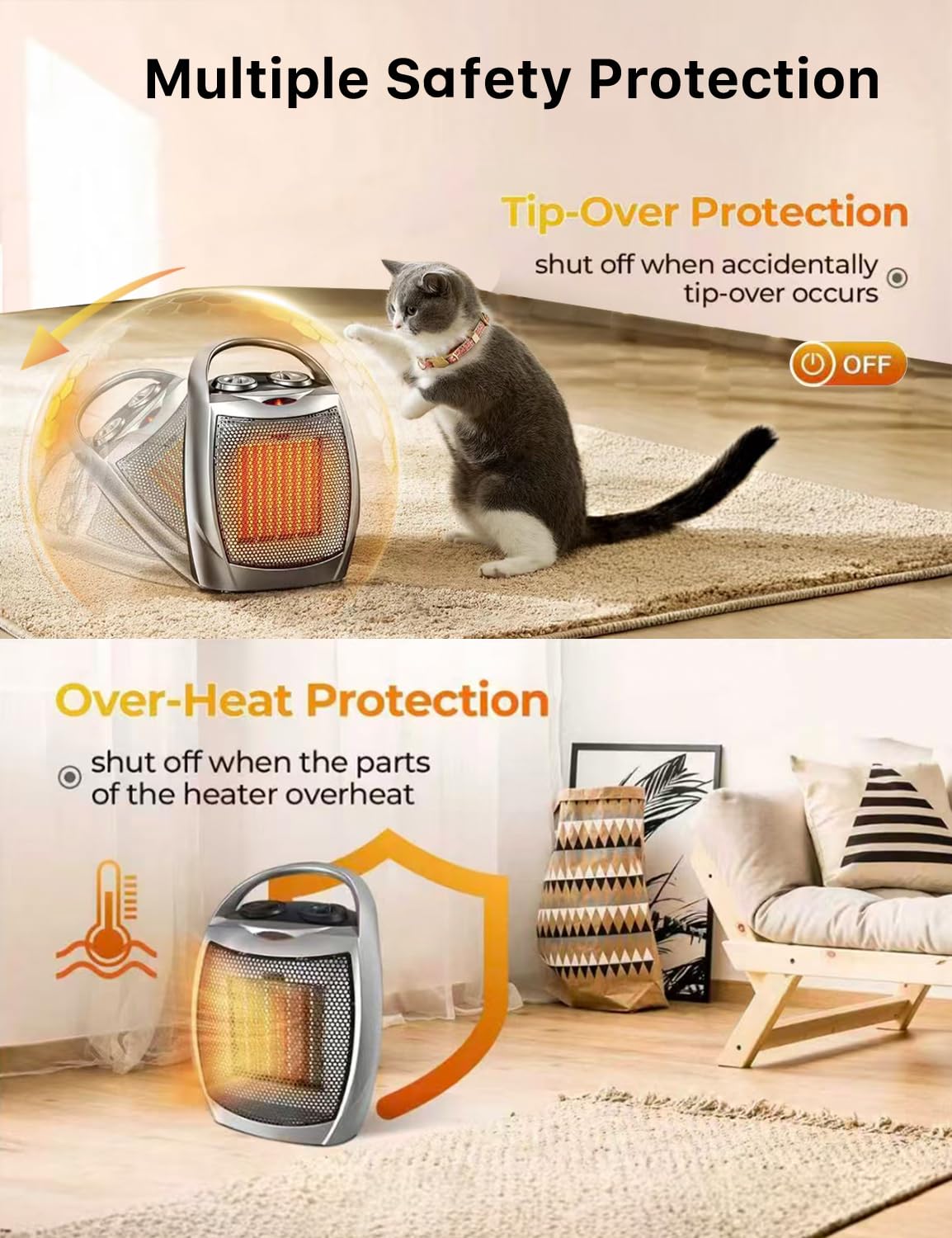 Electactic Portable Ceramic Space Heater w/Thermostat, 1500W Indoor Electric Space Heater Fan with Overheat and Tip-Over Protection, Heat Up 200 Square Feet for Office Room Dorm Use, Silver