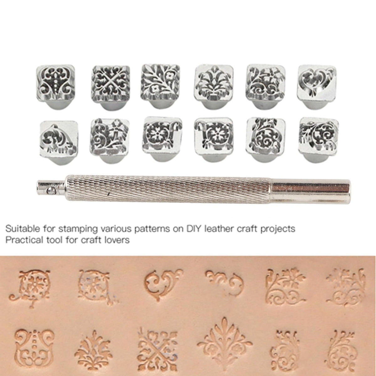 12PCS Leather Stamping Tools, 12 Patterns Zinc Alloy Leather Craft Stamps Punch Set Tool, Flower Design Leather Stamper for Leather Craft DIY Jewelry Marking
