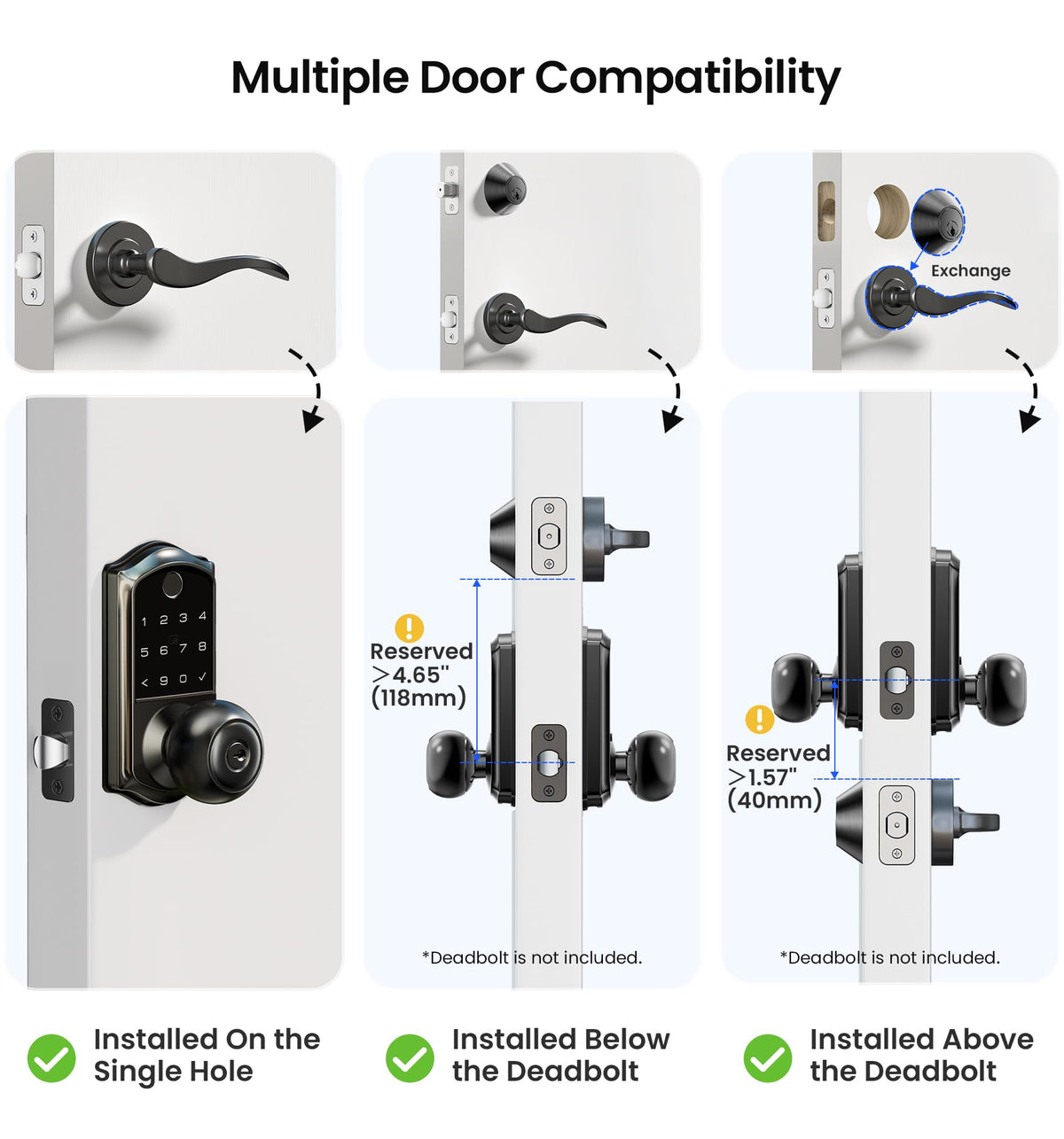 Veise VE018 Smart Knob Handle Lock - Fingerprint, App Control, Keyless Entry for Front Door and Bedroom, Electronic Digital Keypad, Auto Lock, Remote Access Sharing, IP55 Weatherproof, Matte Black