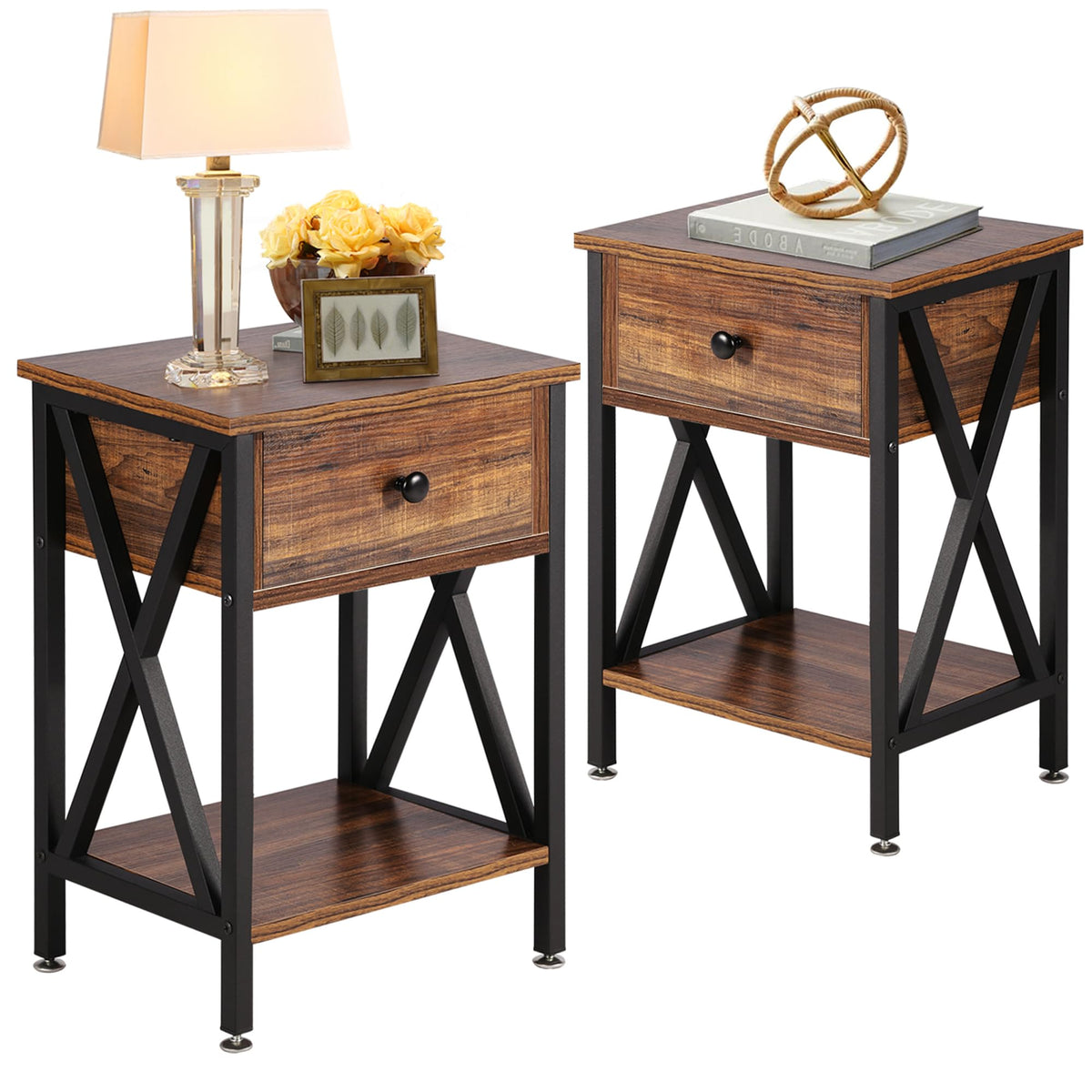 VECELO Nightstands, Modern End Side Tables,Night Stand Set of 2 with Drawer &Storage Shelf for Bedroom Living Room Office Lounge, 2, Brown