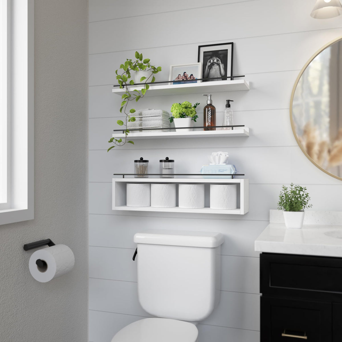 WOPITUES Floating Shelves for Wall 24 inch with Cube Shelf, Wall Shelves with Metal Rail for Bathroom Decor, Bathroom Organizers and Storage, Over Toilet Shelves, Toilet Paper-White