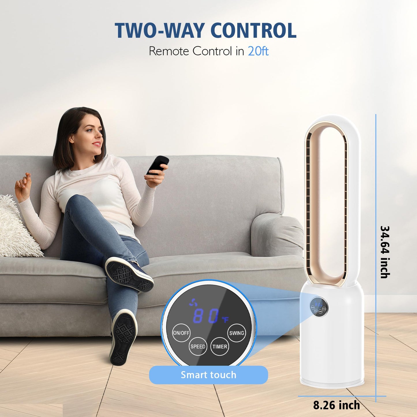 MOMOKOVA Bladeless Tower Fan for Bedroom, Powerful 26ft/s Airflow, 24 Speeds, 90° Oscillation, 12H Timer, Standing Fans with Remote, Quiet Bladeless Cooling Fan for Home Office Room, White Gold