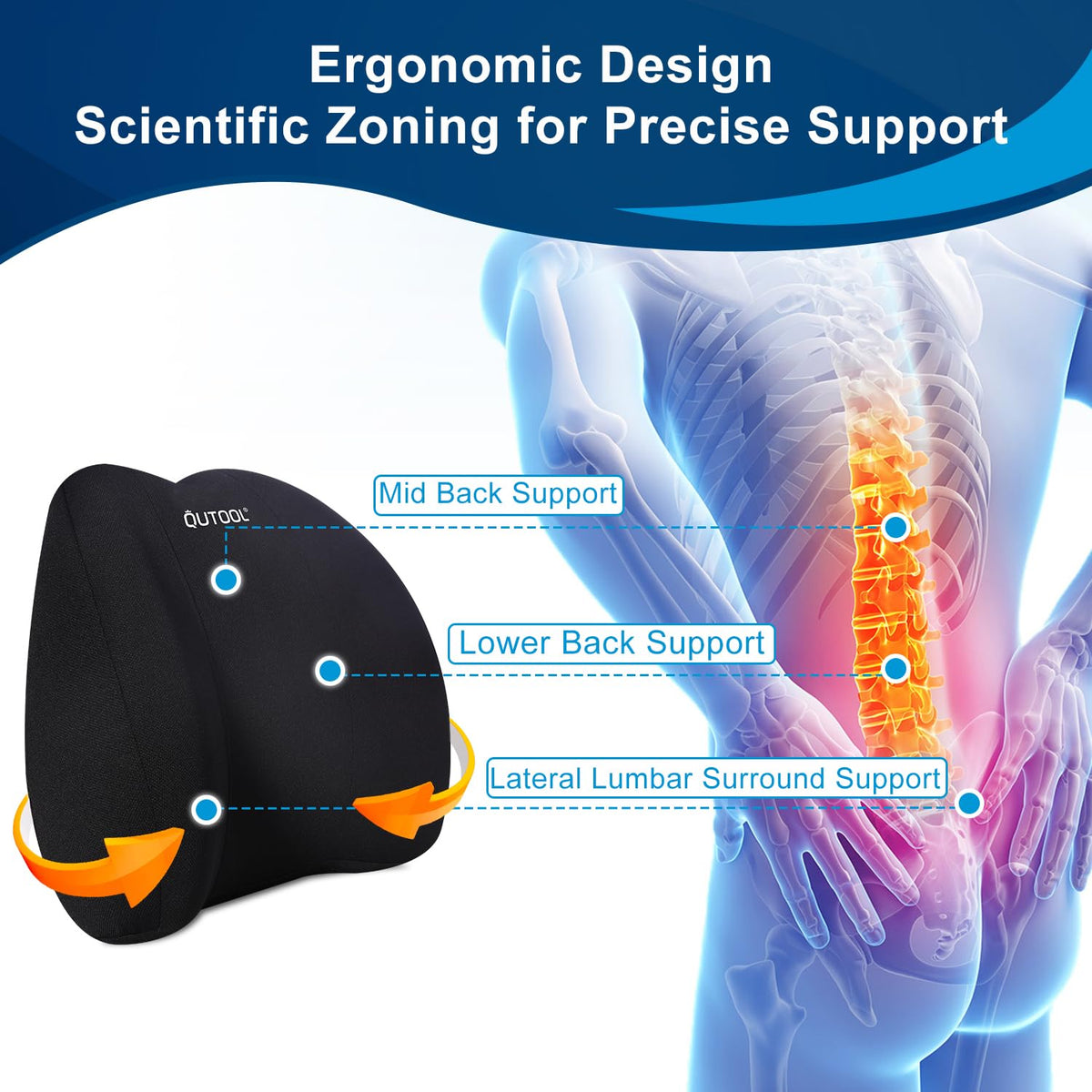 QUTOOL Lumbar Support Pillow for Office Chair, Memory Foam Low Back Support,Back Pain Relief, Ergonomic Back Cushion for Desk Chair,Gaming Chair,Adjustable Strap and Washable Cover