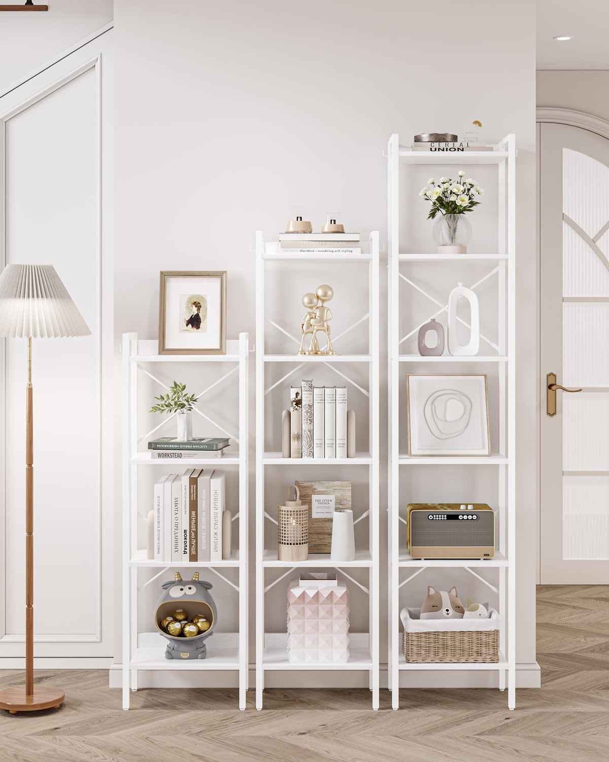 Hzuaneri Bookshelf, Book Shelf, Industrial Bookcase with 2 Hooks, Coner Shelf Storage Organizer for Home Office, Living Room, Bedroom, Kitchen, 5-Tier White BC10513W