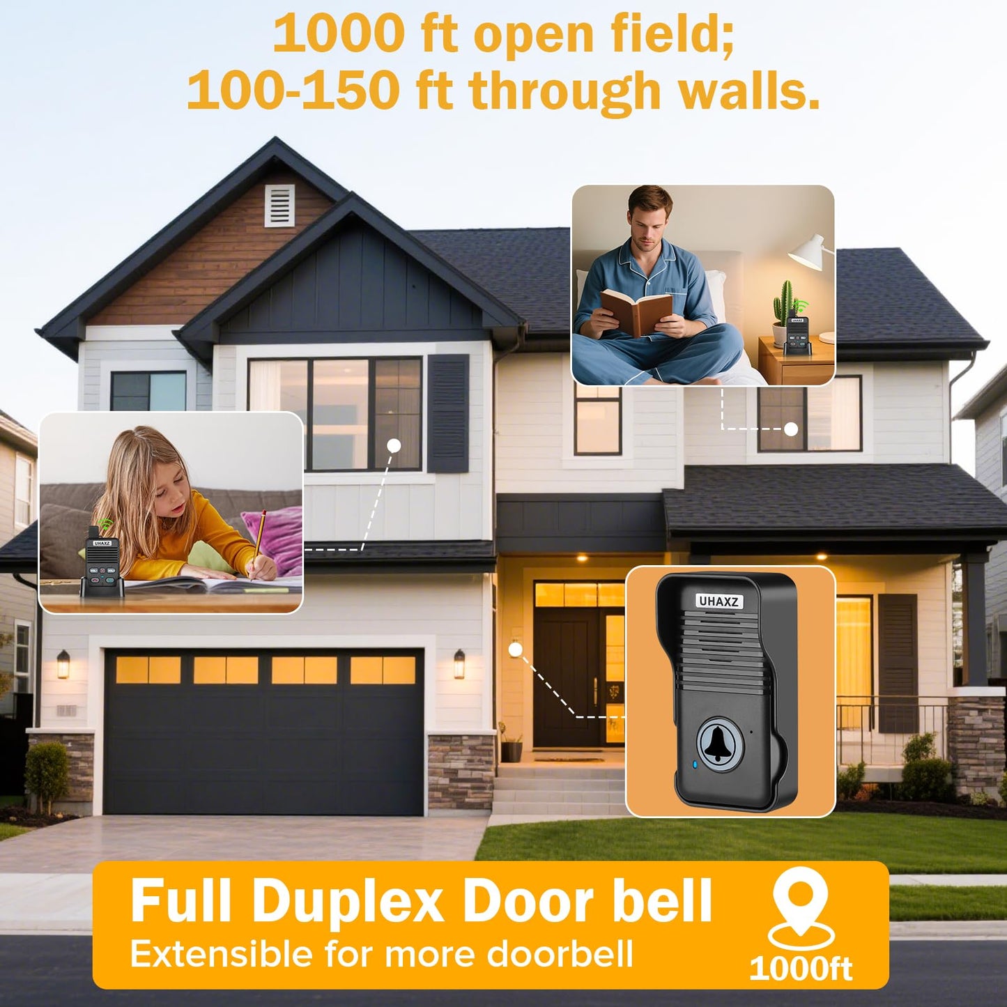Wireless Doorbell, Full Duplex Doorbell Wireless, 1000ft Long Range, Hands-Free Intercom Door Bell 2 Way Communication, 4 Chimes 8 Volume Levels, Intercoms Wireless for Home House(Black)