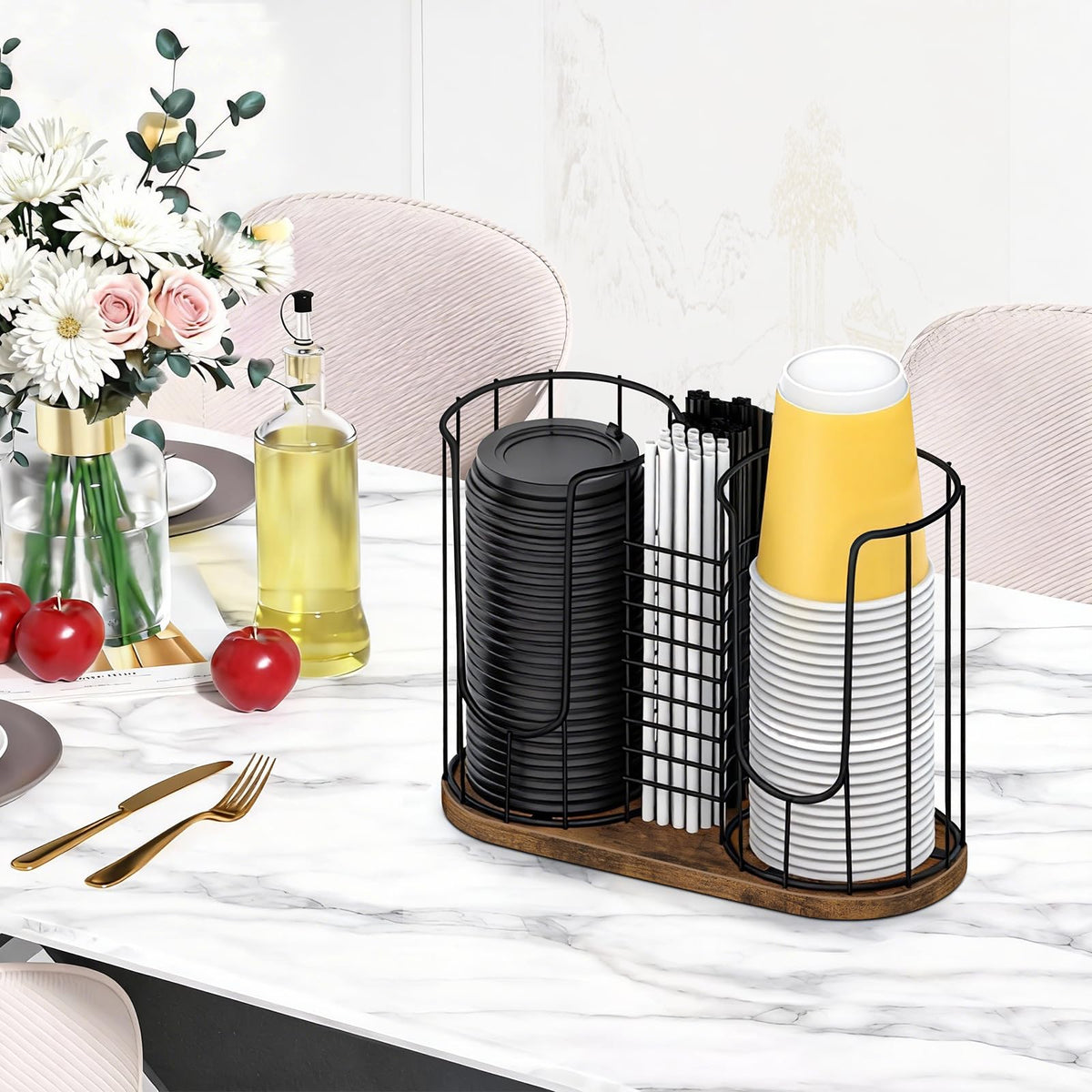 BCOZLUX Coffee Cup Holder 18oz 3-Compartment Paper Cup Dispenser Rack with Wood Base - Disposable Cup, Straw & Lid Organizer 3-in-1 Storage for Countertop, Coffee Bar, Kitchen, Office
