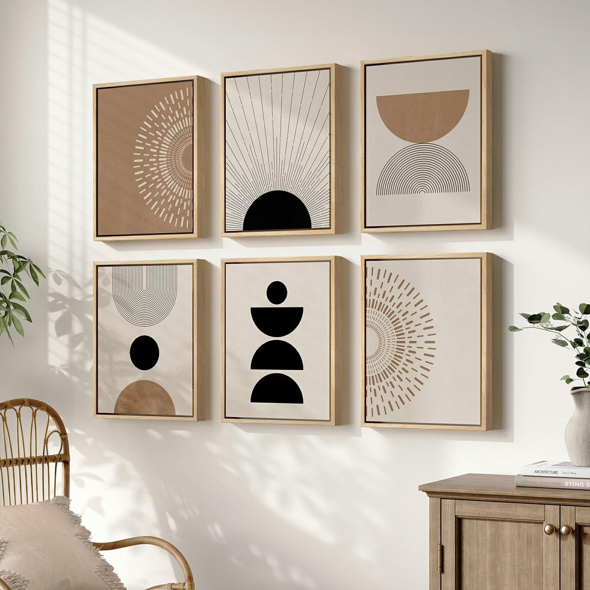 6 Piece Framed Boho Neutral Wall Art Set, Modern Abstract Geometric Canvas Painting Prints, Brown Black and Beige Minimalist Picture Artworks for Living Room Dining Room Bedroom 11x14 Inch