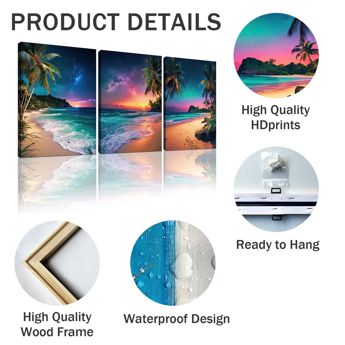 weiyiart 3 Panels Palm Tree Beach Wall Art, Cool Ocean Sunset with Northern Lights Canvas Prints, Tropical Coastal Seascape Decor for Living Room Bedroom Bathroom Office, 12"x16"x3pcs