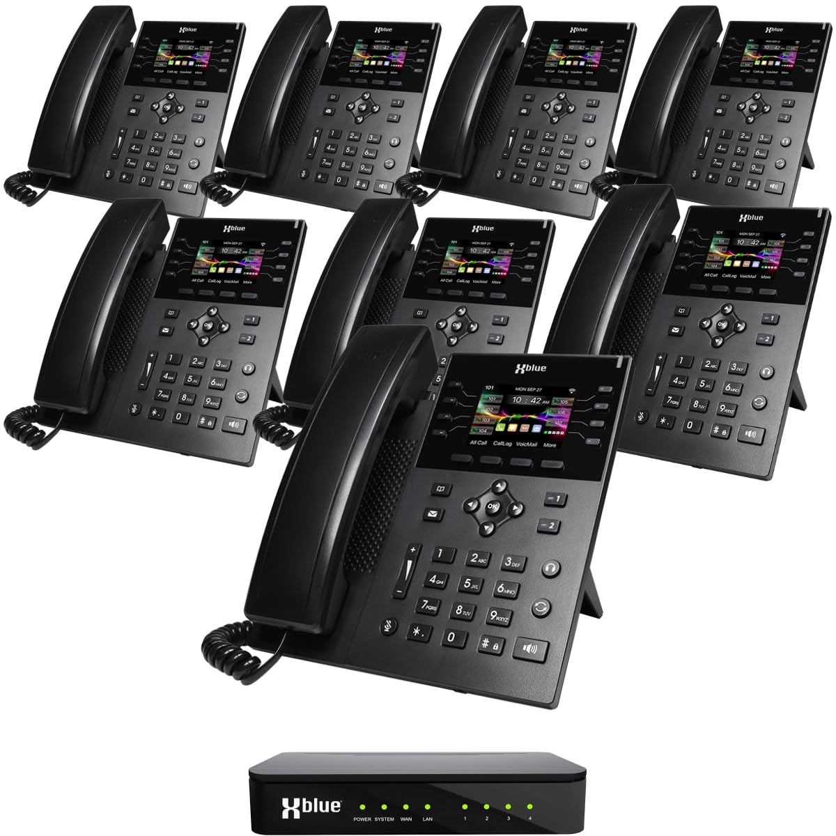 XBLUE QB1 Business Phone System with (8) IP8g Phones, (4) Landline Ports - Includes 3 Months Free Telephone Line Service - Mobility Options for Work from Home and iPhone/Android Smartphones