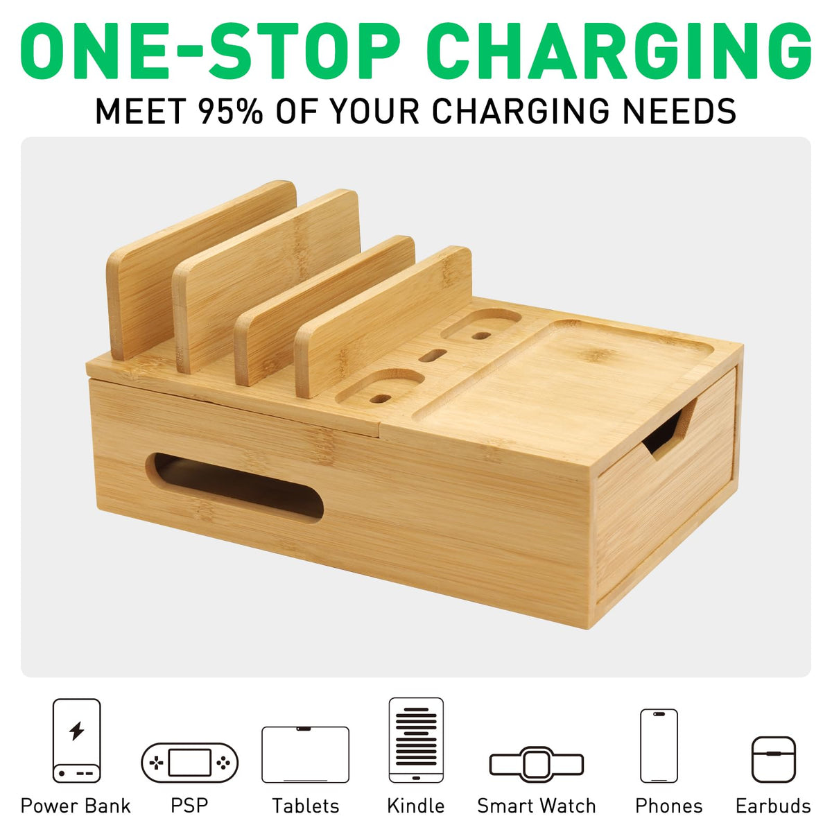 Bamboo Charging Station for Multiple Devices, Desk Charging Organizer with Drawer & Tray, Wood Docking Station for Multi Devices, Cell Phone, Tablet (Included 6 Cables, 5 Port USB Charger)