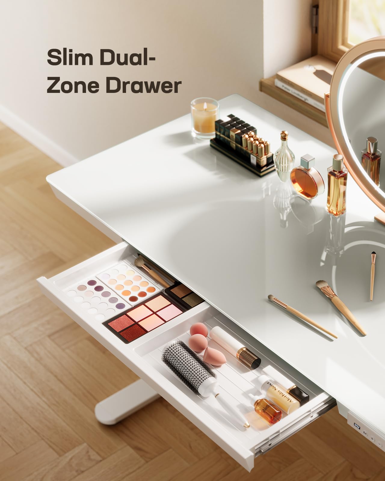 Marsail Glass Standing Desk with Drawer,55 x 28 inch Electric Standing Desk, Adjustable Height Desk with Storage & USB Charging Ports, One-Piece Standing Desk for Home & Office, White