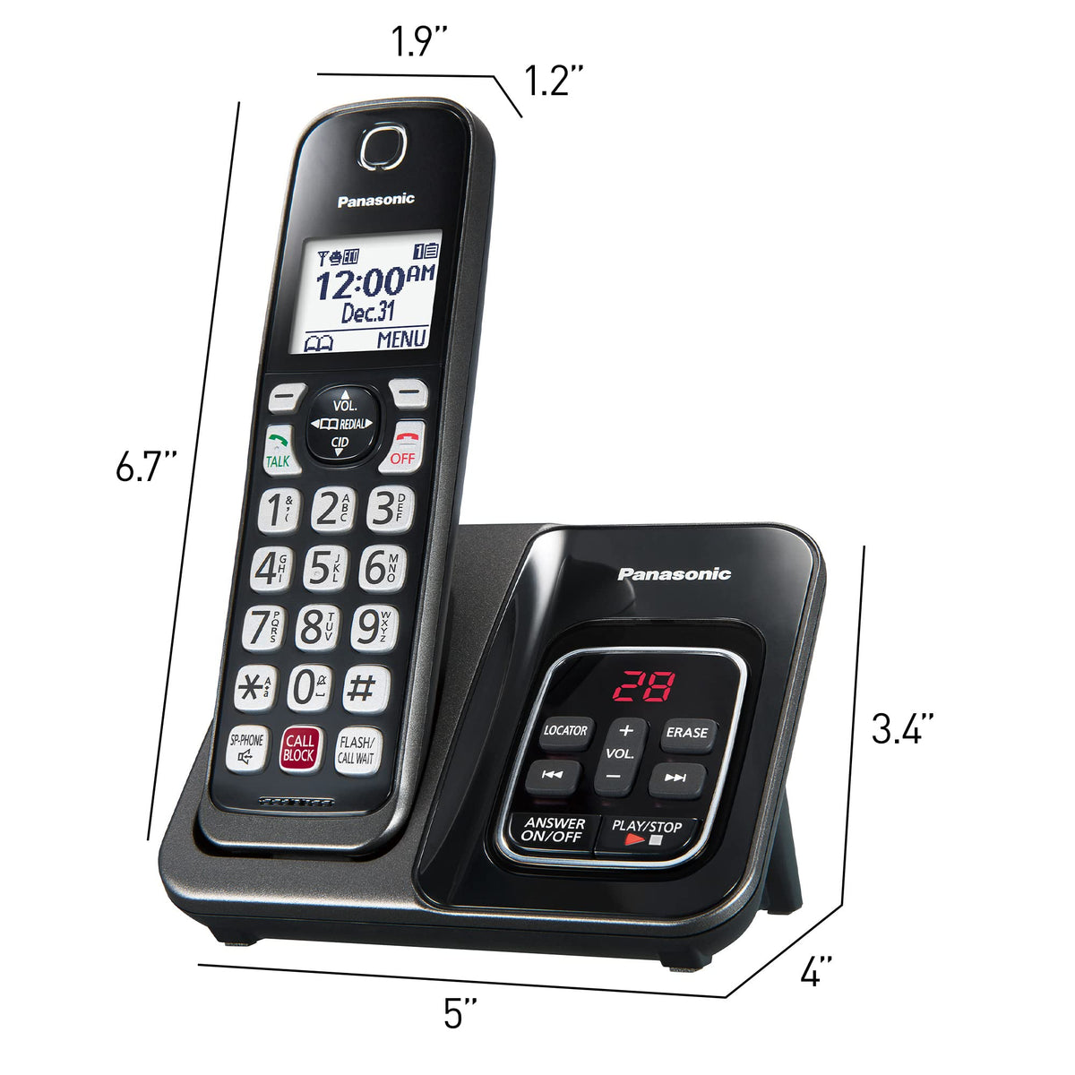 Panasonic Cordless Phone with Answering Machine, Advanced Call Block, Bilingual Caller ID and High-Contrast Display, Expandable System with 1 Handset Cordless Telephone - KX-TGD830M (Metallic Black)