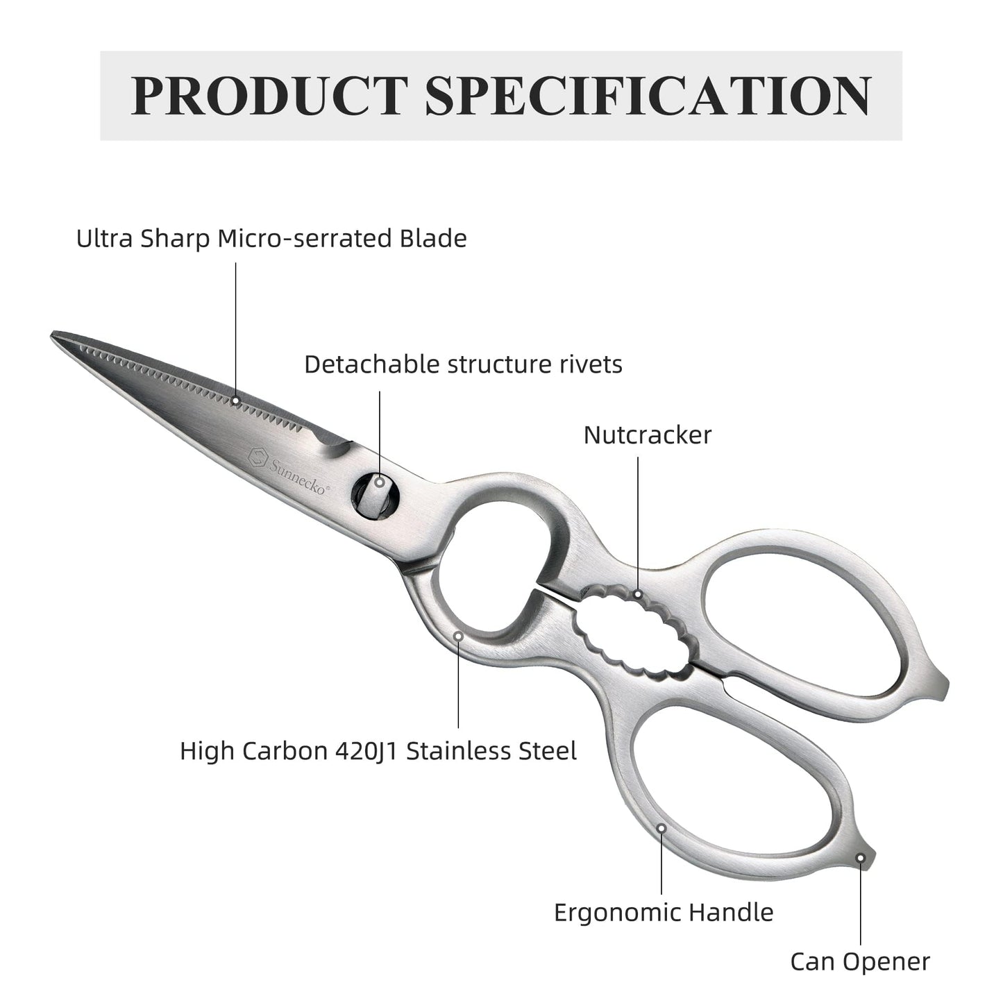 Sunnecko Heavy Duty Kitchen Scissors - Stainless Steel Kitchen Shears, Ultra Sharp Micro Serrated Poultry Shears, Cooking Scissors for Meat, Dishwasher Safe