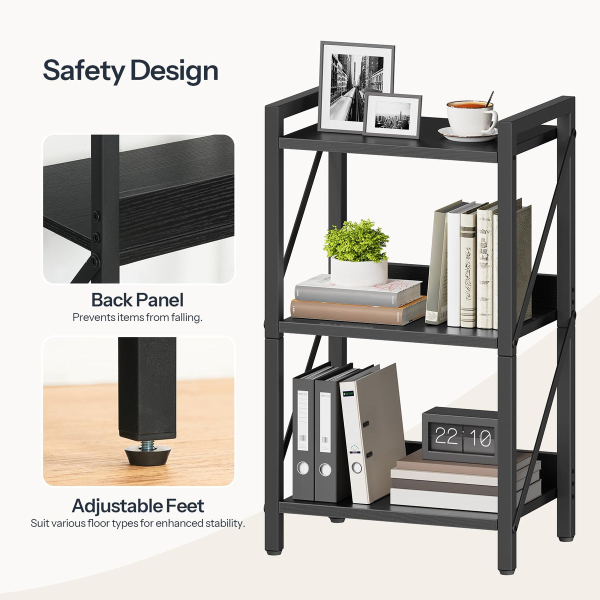 HOOBRO Bookshelf, 3-Tier Industrial Bookcase, Book Shelf Storage Organizer, Small Bookshelf with Metal Frame for Living Room, Bedroom, Home Office, Kitchen, Black BB71SJ01