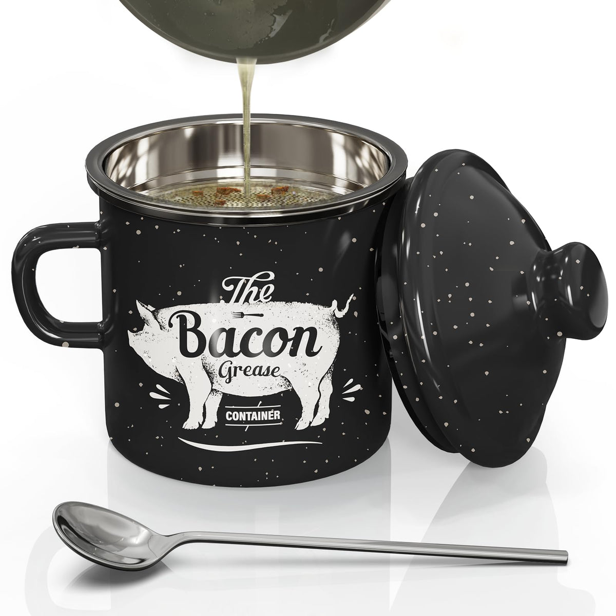 PGYARD Mini Bacon Grease Container With Strainer - 15OZ Enamel Grease Saver, Farmhouse Bacon Grease Keeper For Kitchen Fat Storage, Dishwasher Safe-Black