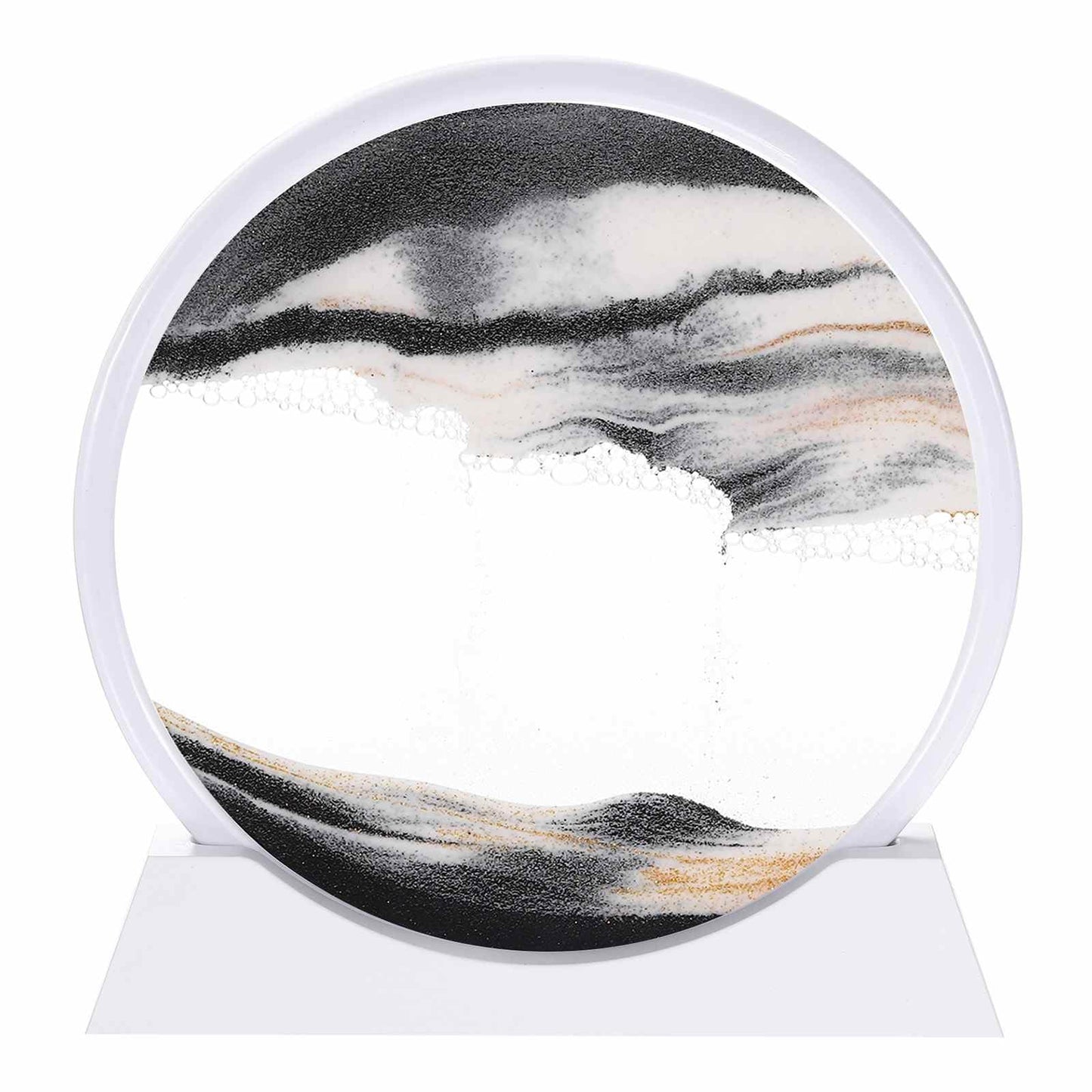 HEARTOOL Moving Sand Art Picture 12" Round Tempered Glass 3D Liquid Motion Deep Sea Flowing Sand Scene with Display Frame Perfect for Desktop & Office & Work Decoration (Black)
