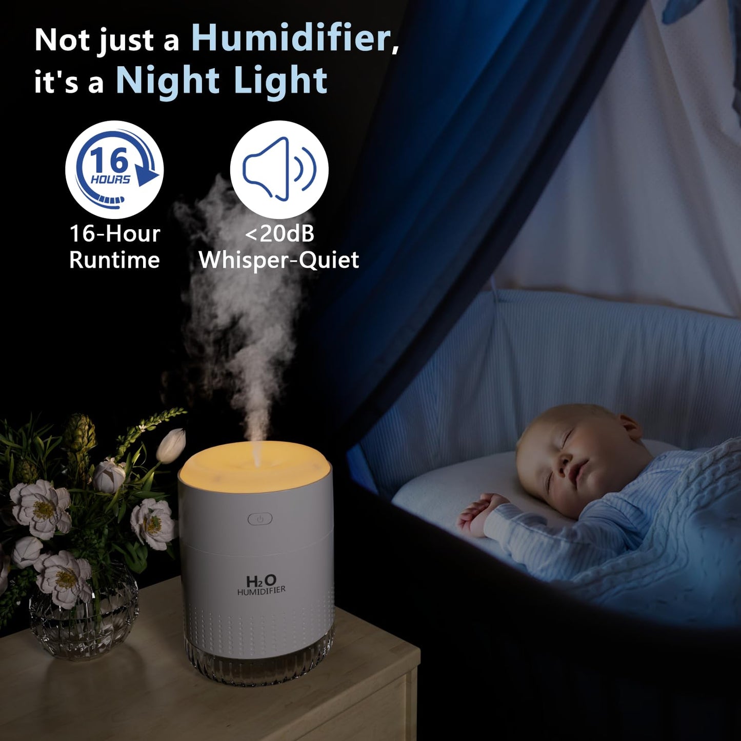 SZO Portable Mini Humidifier, 500ML USB Personal Cool Mist Humidifiers for Bedroom Office Travel Desk, Whisper Quiet 20dB with 2 Mist Modes & Auto Shut-Off, Small Desktop Humidifier (White)