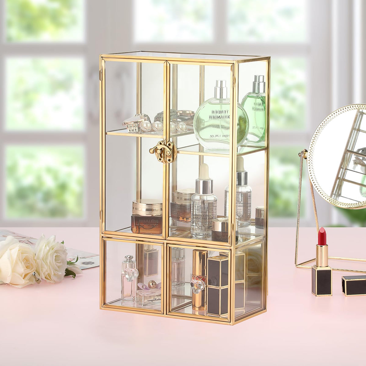 ELLDOO Clear Glass Storage Box with 2 Drawer, Gold Mirrored Jewelry Makeup Display Organizer Case, Decorative Tower Box Storage for Trinket Perfume Lipstick Figure Statue Toy Display