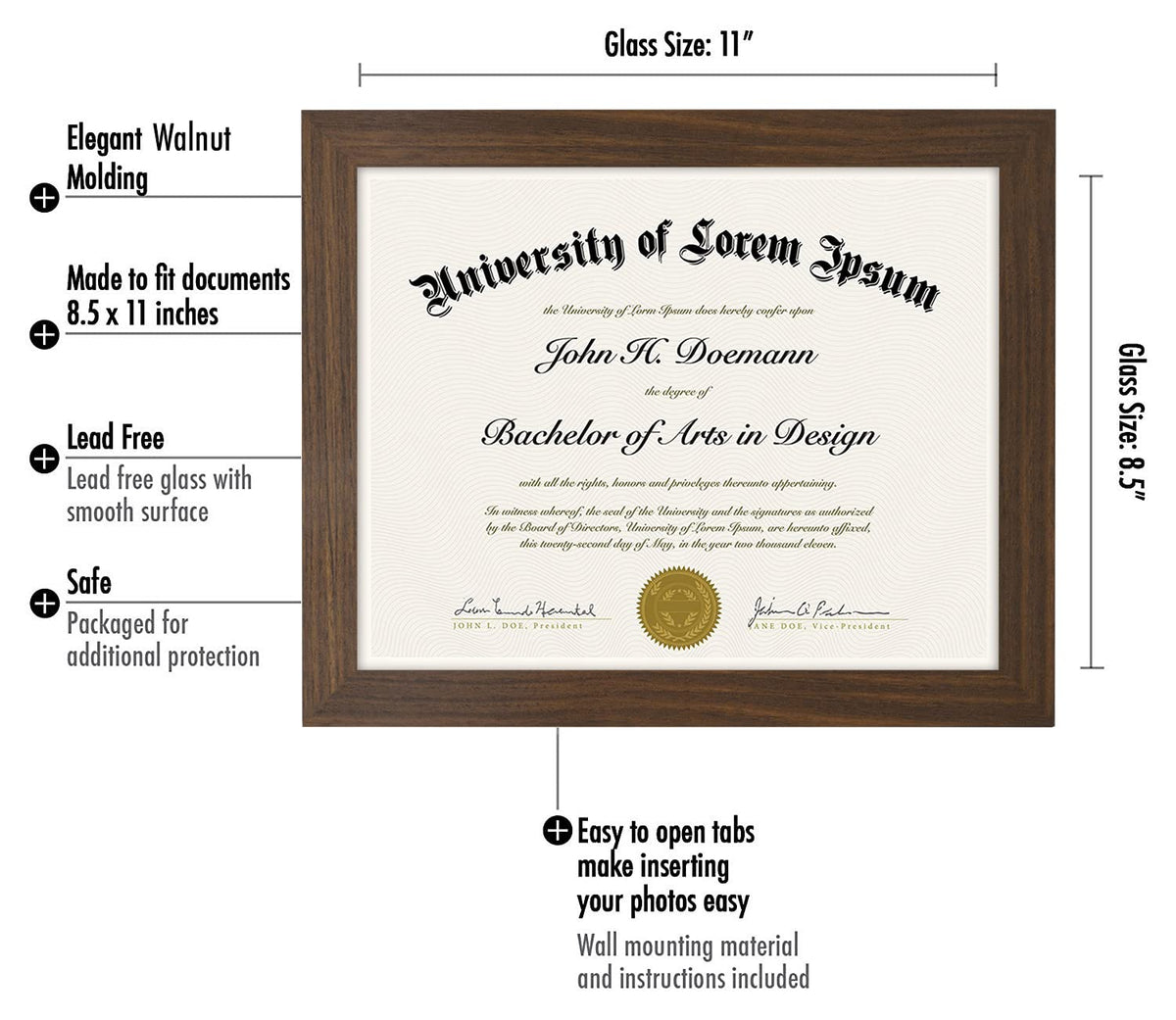 Americanflat 8.5x11 Diploma Frame with Shatter-Resistant Glass - Document Frames with Engineered Wood - Legacy Collection - Certificate Frame for Tabletop and Wall Display - Walnut