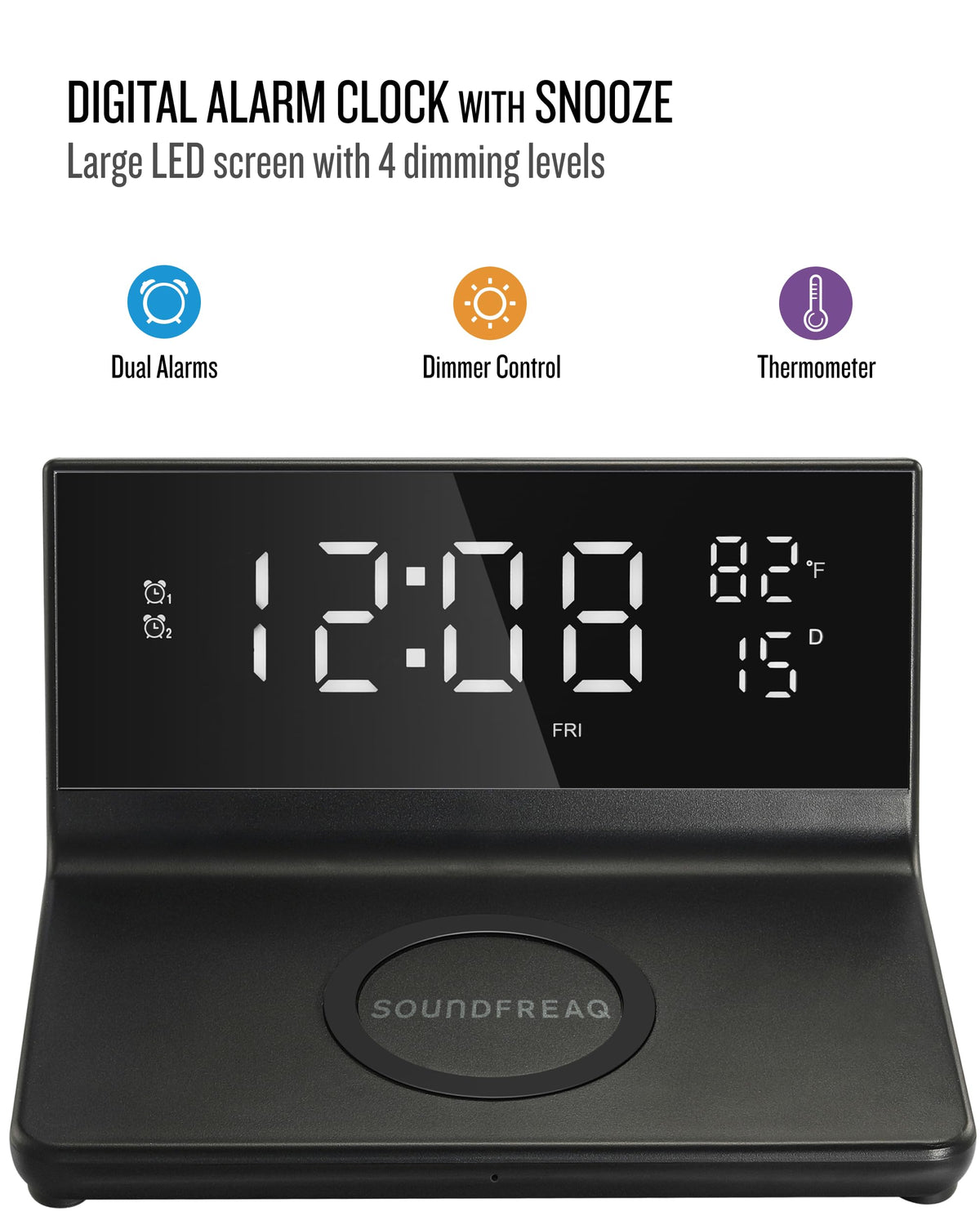 Soundfreaq Charge Rise II, SFQ-20: Digital Alarm Clock, with Dual Alarms, Fast USB Charger and Wireless Charger (Black)