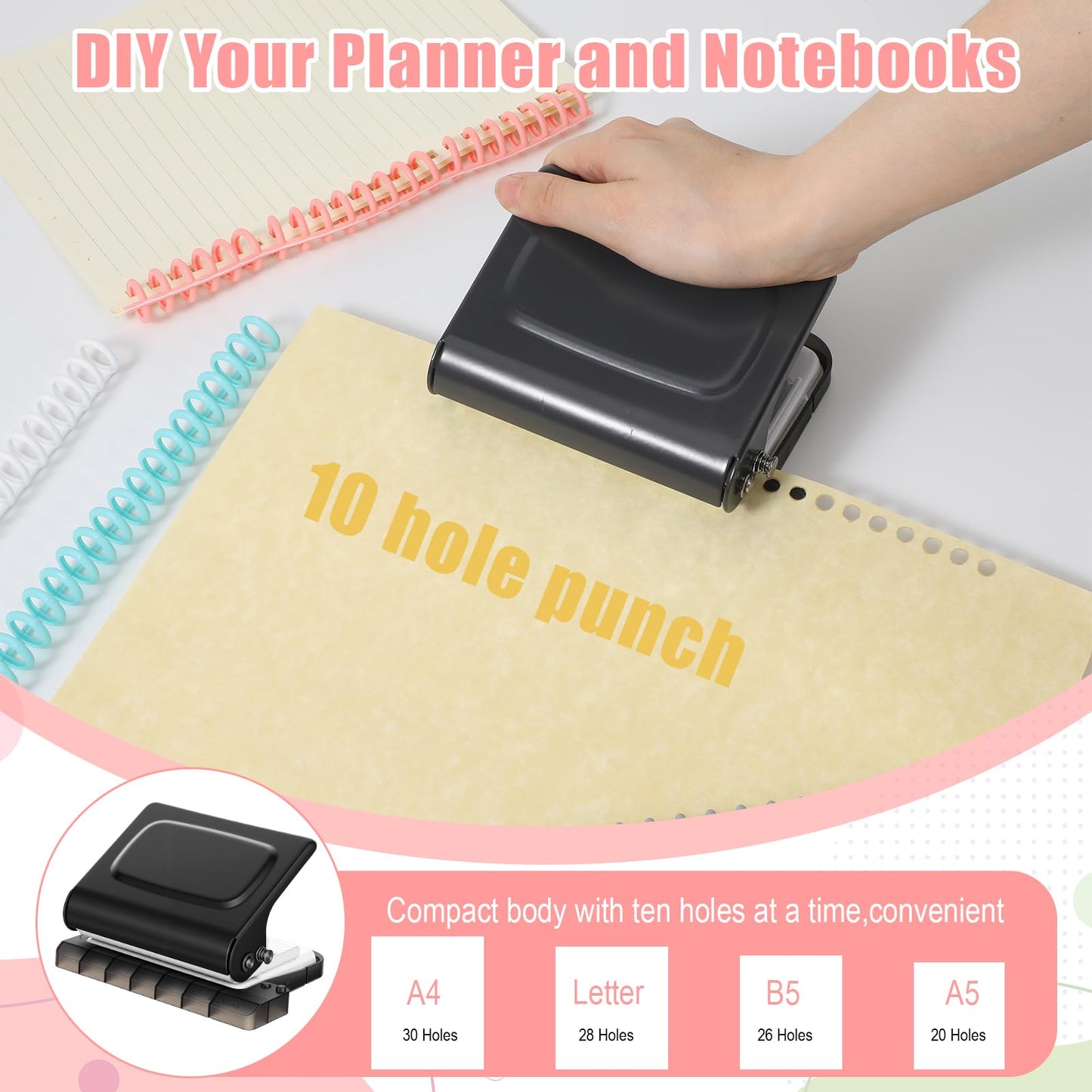 PercyEffie Grey 10-Hole Binding Machine for Planner with 20pcs Comb Binding Spines, Plastic Spiral Bindings Coils，30 Holes on A4,20 Holes on A5,26 Hole on B5,10 Sheet Capacity