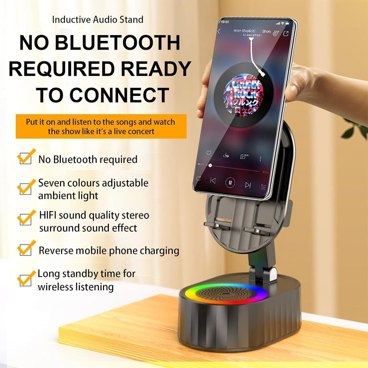 AKLLCCR Wireless Induction Audio Bluetooth Speaker 5in1 Phone Holder Emergency Rechargeable (3000mAh) with Colorful Ambient Light 300° Foldable for Tablet iPhone Android, Gifts for Men Women (Black)