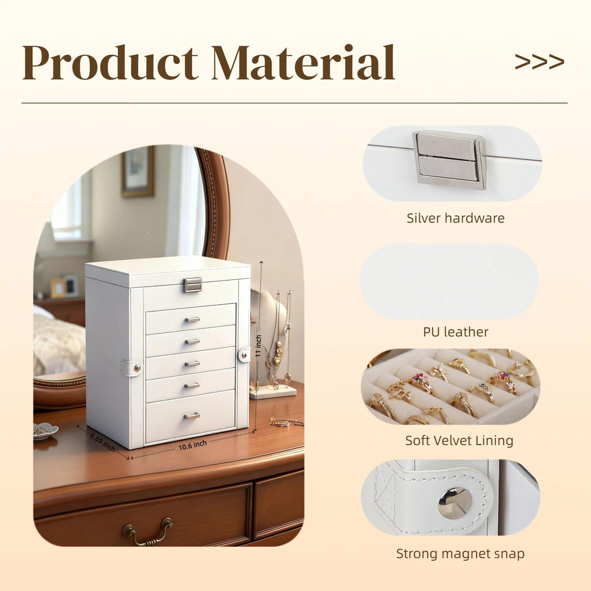 BOOVO Jewelry Box For women, 6 Layer Large Jewelry Organizer With Mirror, Multi-Function Storage Box With Lock, Necklace Holder With 5 Drawers, For Earrings Necklace Bracelet (Silver and White)
