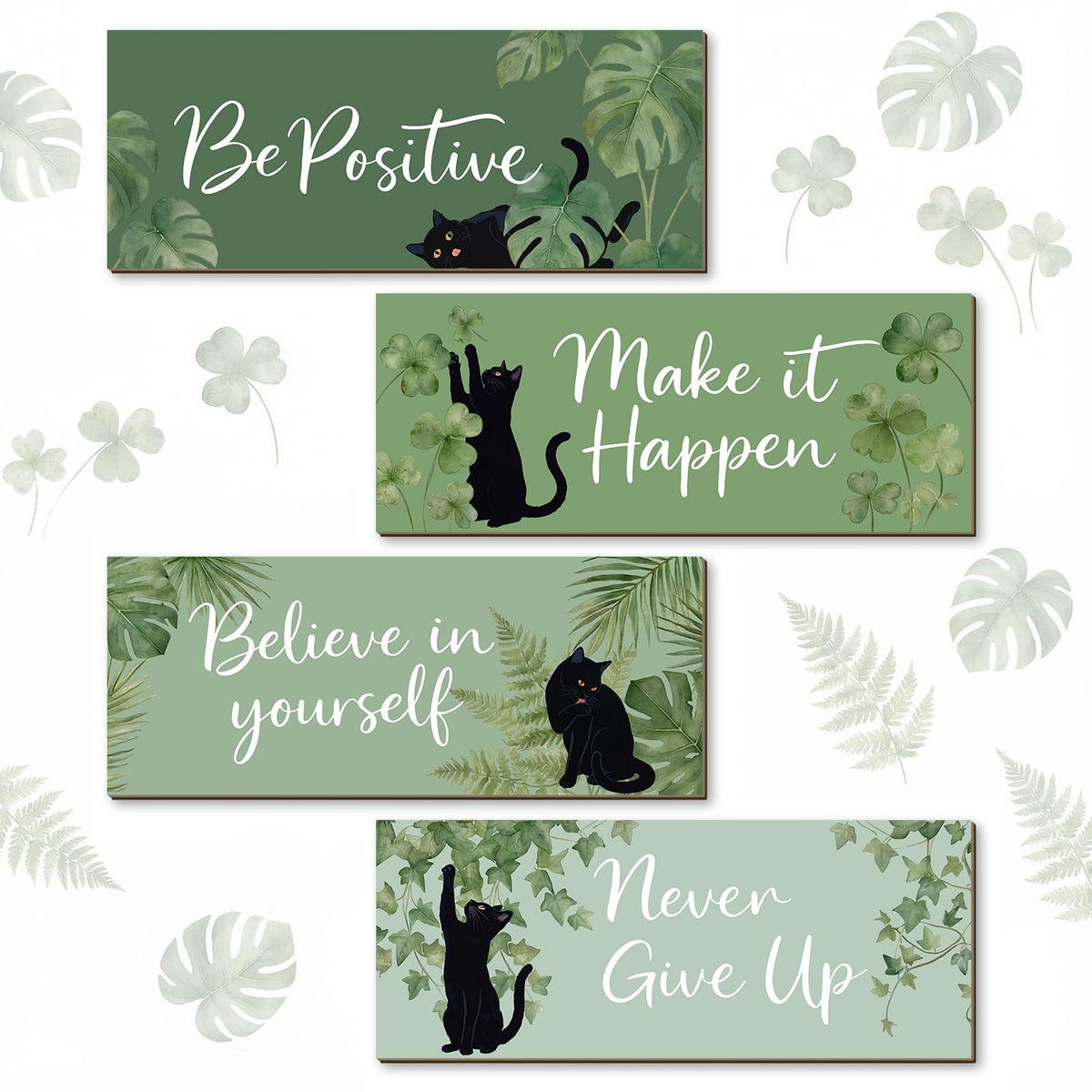 4Pcs Sage Green Office Decor for Women Inspirational Wooden Wall Decor for Office Home Sage Green Black Cat Wall Art Motivational Quotes Wooden Signs Set Positive Affirmations for Bedroom Work