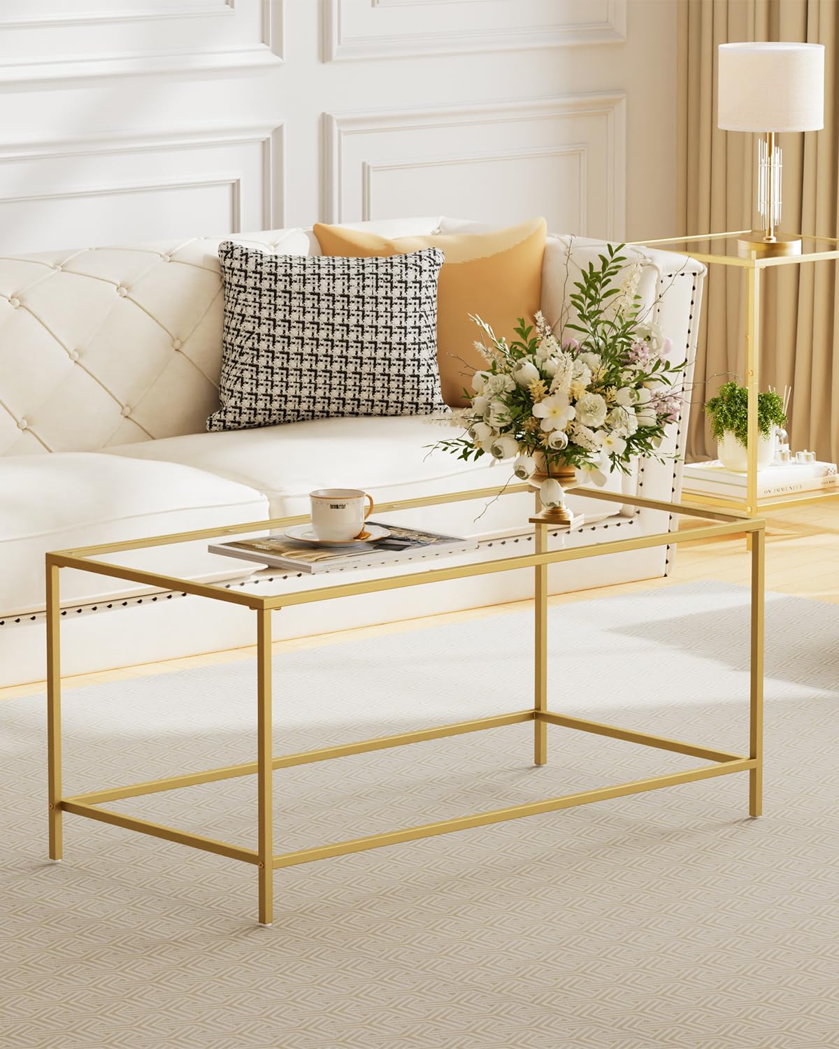 Homleke Glass Coffee Table, Modern Rectangular Coffee Table for Living Room, Minimalist Center Tea Table with Sturdy Metal Frame for Apartment, Office, Easy Assembly, 39.4 x 19.7 x 17.7 Inches, Golden