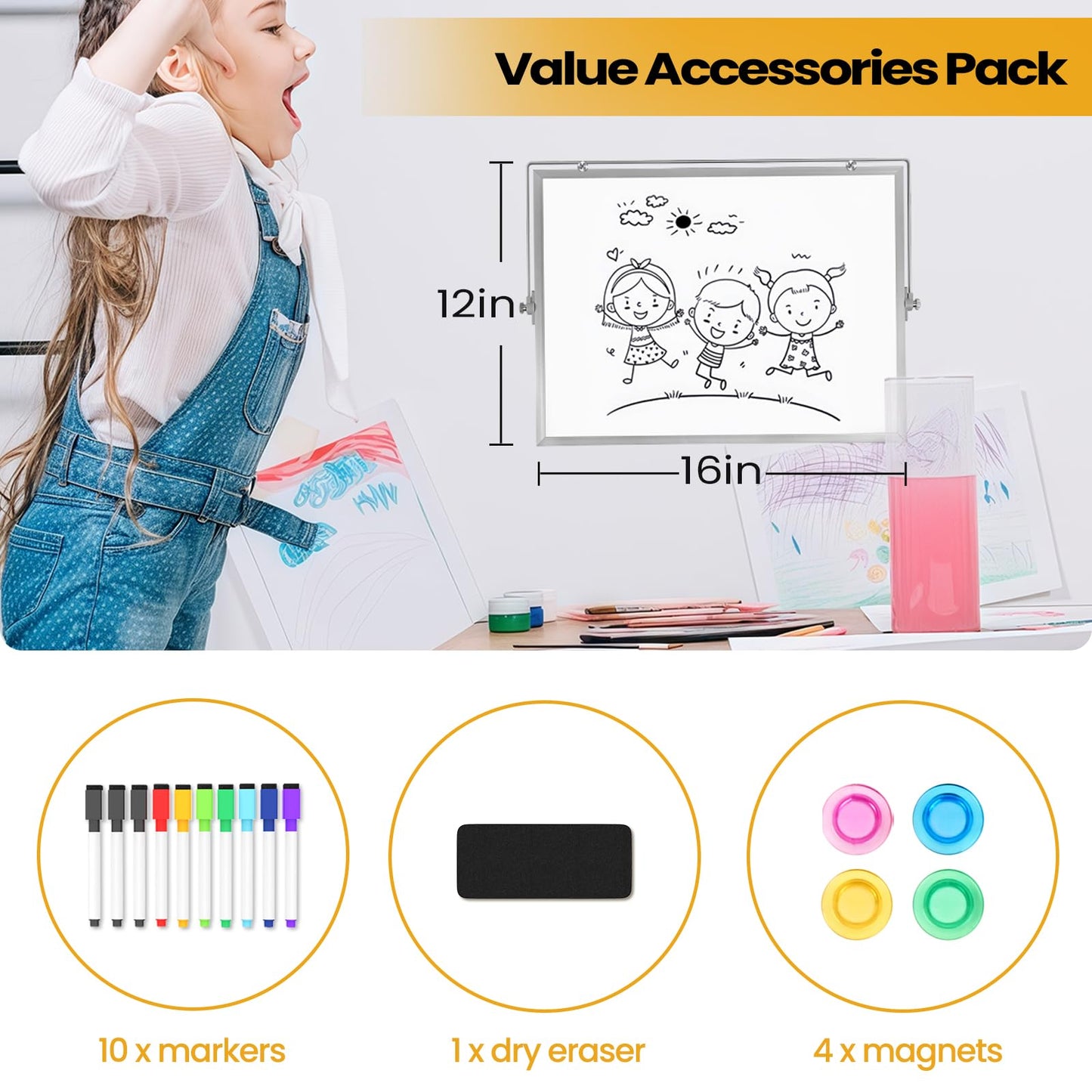Lumspax Desktop Whiteboard with Stand, 16" x 12" Double-Sided Dry Erase Board with Stand, Portable Stand White Board for Office, Home, School