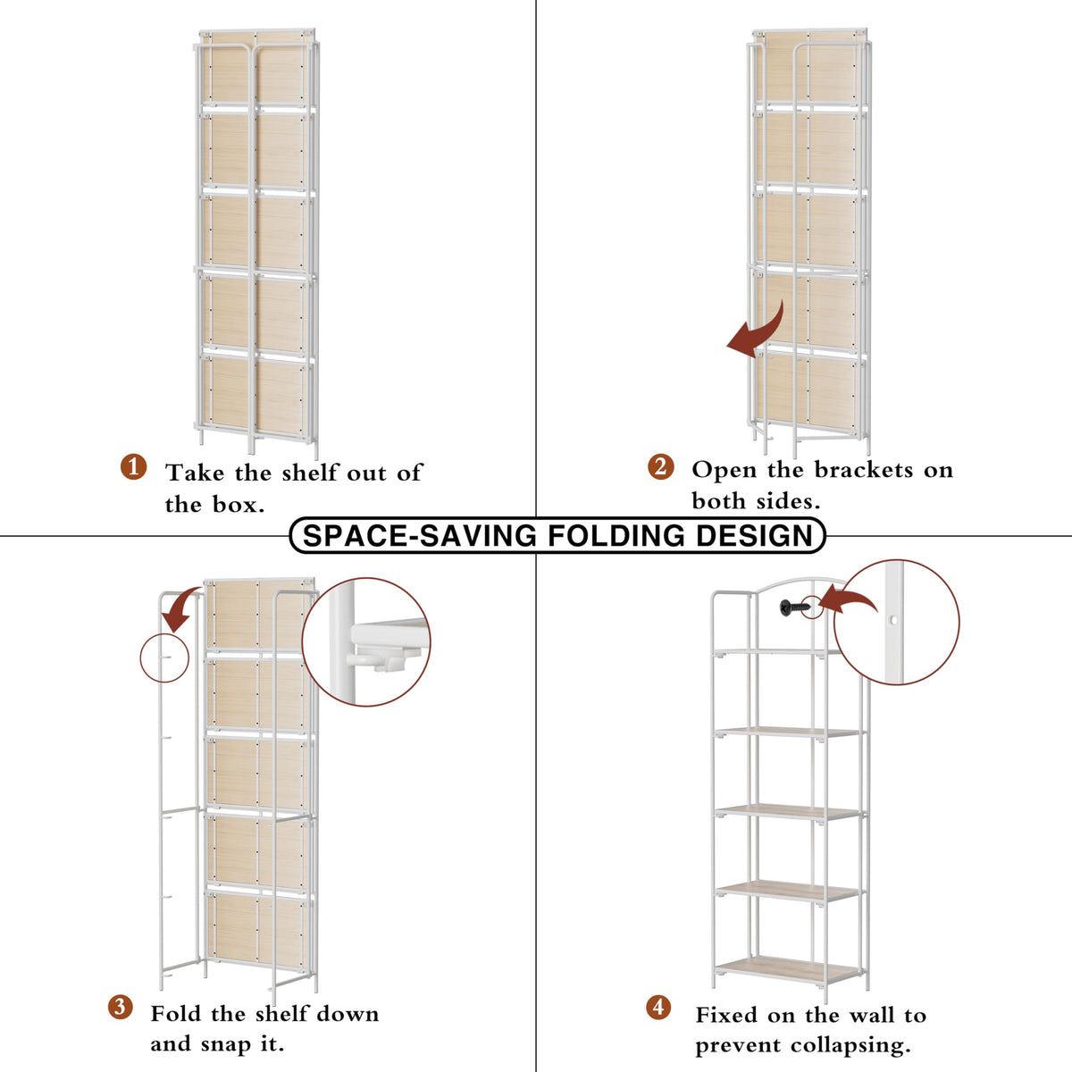 Crofy No Assembly Folding Bookshelf for Living Room, 5 Tier White Collapsible Book Shelf for Home Office, Portable Bookcase Storage Organizer