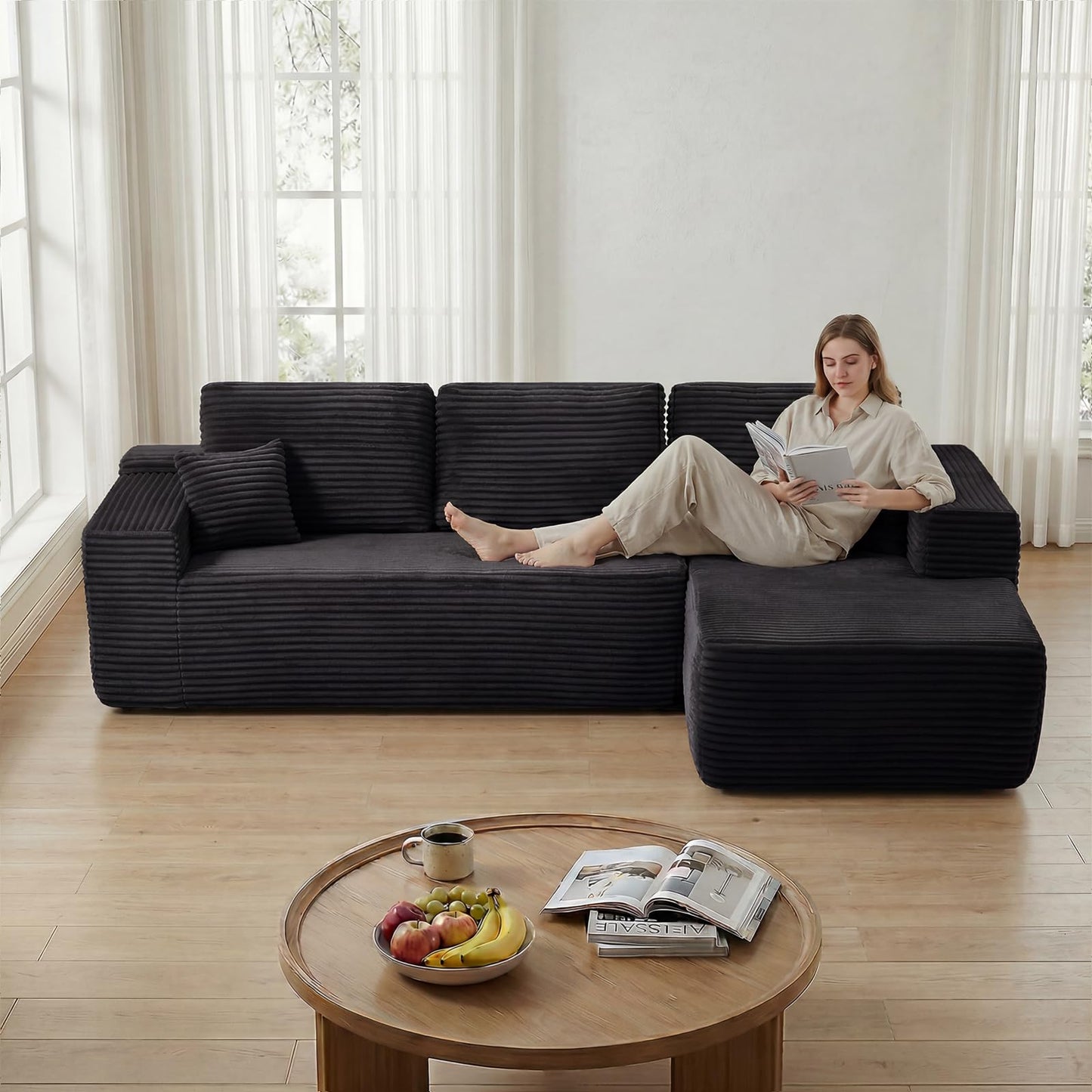 Yafylly 104'' Boneless L-Shaped Sectional Sofa with Throw Pillow & Side Pockets – No Assembly Compressed Modular Couch, Memory Foam Deep Seat for Living Room, Bedroom, Black (Right Facing)