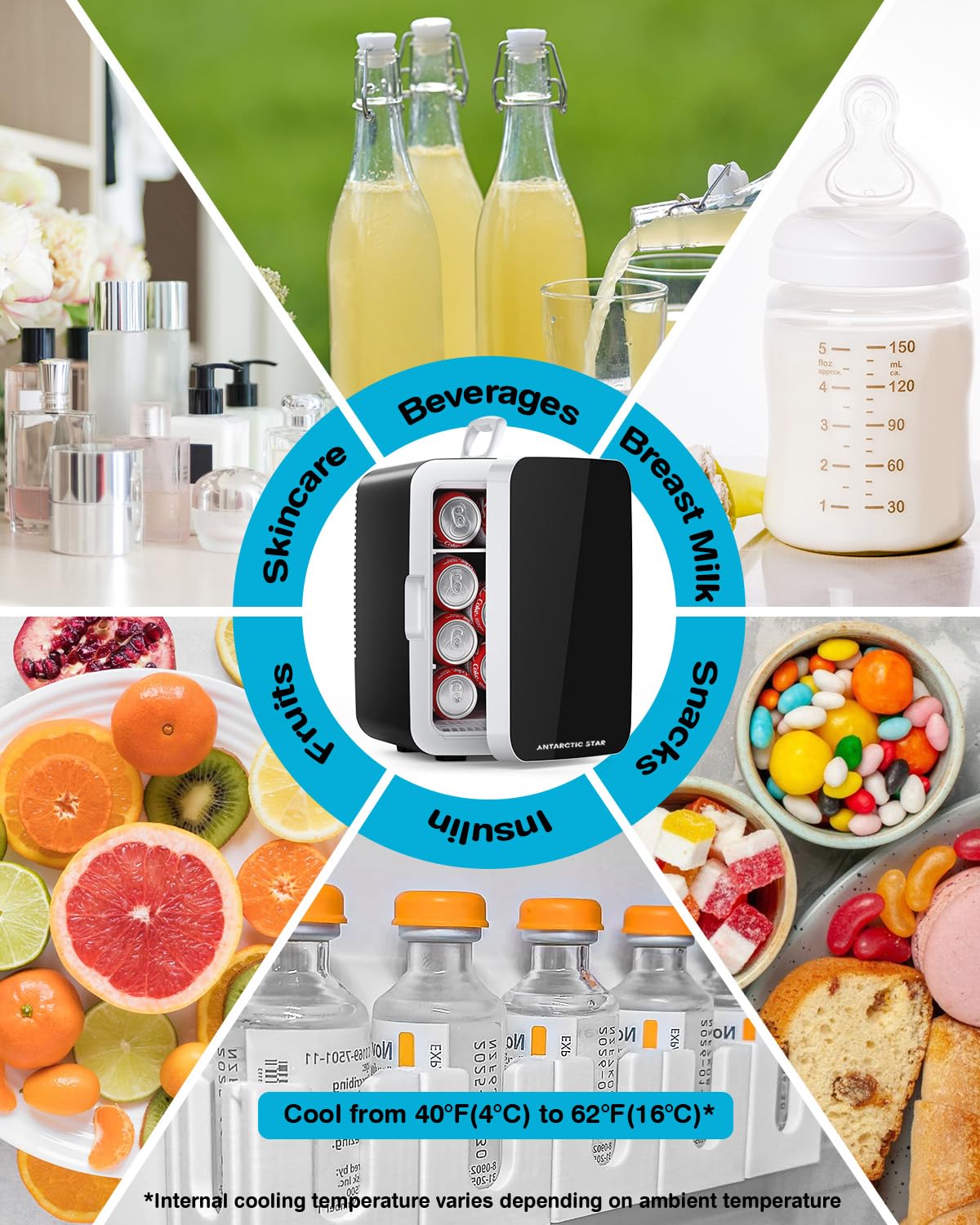 Antarctic Star Compact Mini Fridge, 10L Portable Small Refrigerator, 2.6 Gal Mini Fridge with AC/DC Adapters, Small Cosmetics Cooler for Beverage, Food, Makeup, Bedroom, Office, Dorm, Black