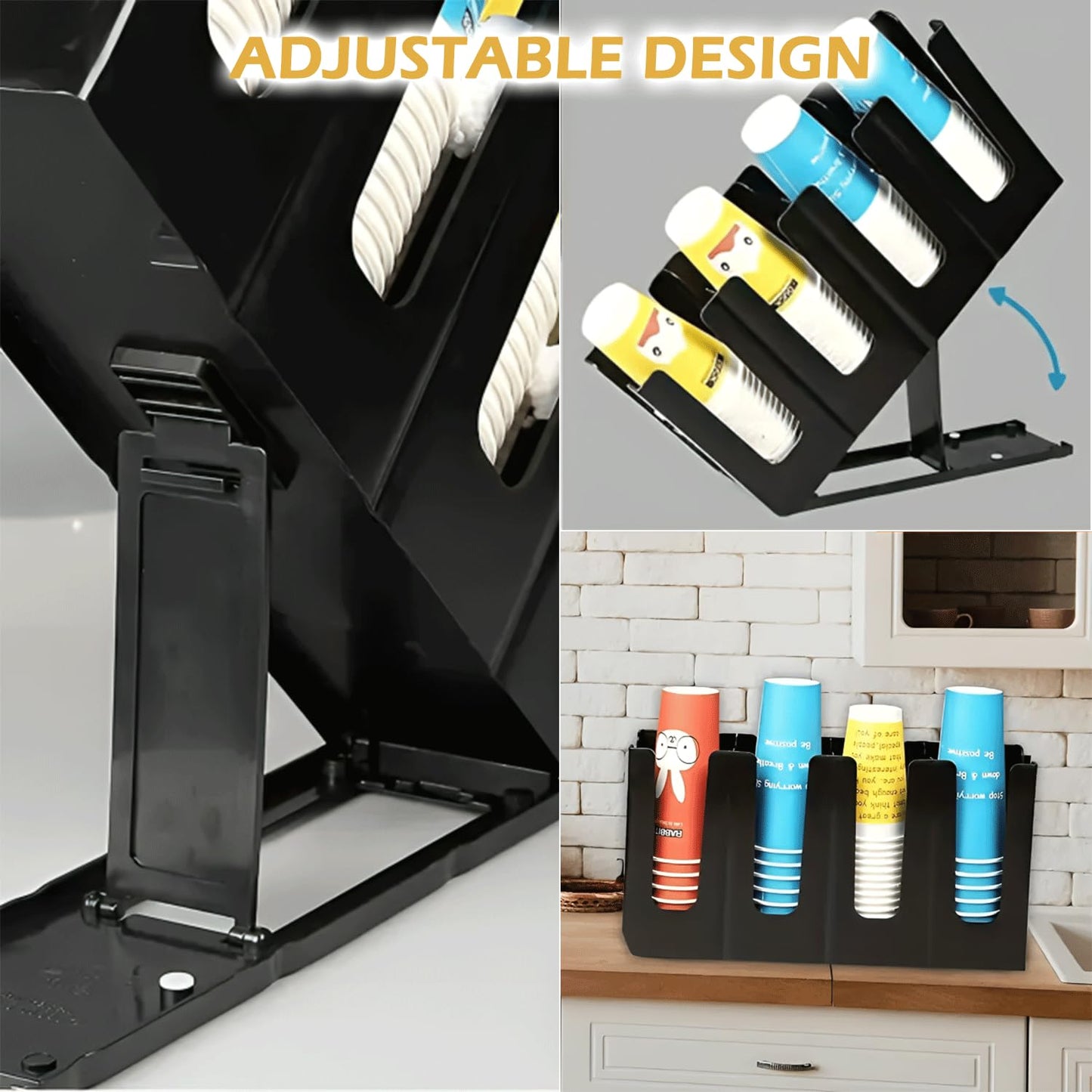 Adjustable Coffee Cup Holder Organizer – 4 Compartment Disposable Cup Dispenser with Mesh Basket for Coffee Pods, Straws, Sugar Packets – Metal Countertop Storage for Coffee Bar Accessories