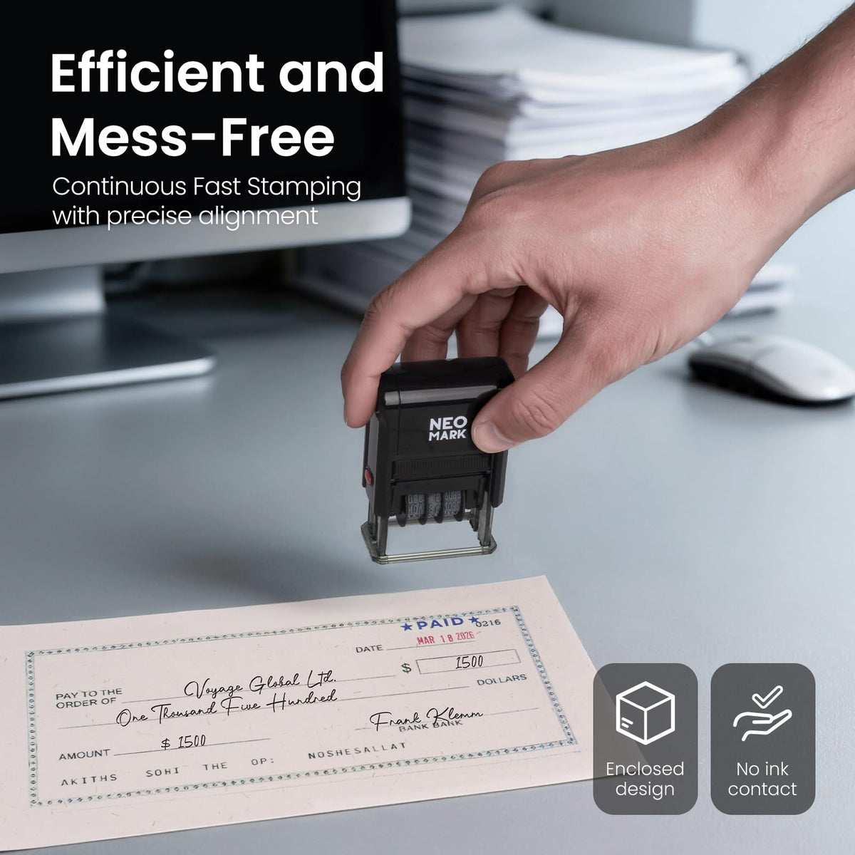 NEO MARK Self-Inking Date Office Stamp with Paid Blue Ink & Date Red Ink, 12-Year Adjustable Rubber Dater, Ideal for Documents, Business & Accounting - with an Extra Refill Ink Pad