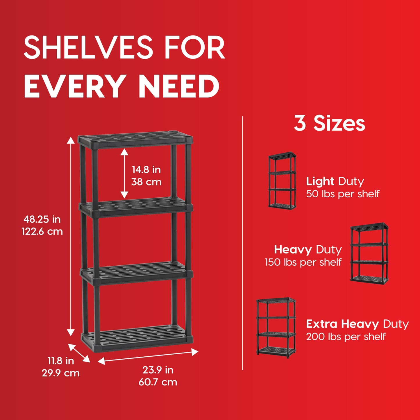 IRIS USA 4-Shelf Light Duty Plastic Storage Shelves, 200lb Capacity, 48" H x 24" W x 12" D, Medium Modular Shelving Unit Storage Organizer for Bathroom, Laundry, Garage & Home, Storage Rack - Black