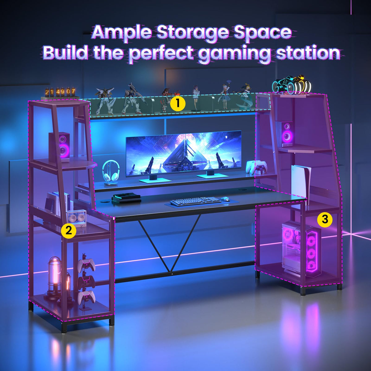 SEDETA Gaming Desk 78.8'' with LED Lights, Hutch and Storage Shelves, Computer Desk with Monitor Stand, Large PC Gamer Desk Workstation, Ergonomic Gaming Table for Bedroom, Living Room, Black