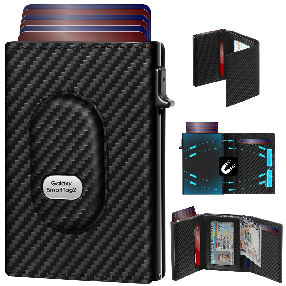 GAOCHALE Mens Wallet for Samsung Smarttag2 Pop up Card Holder Compatible with Samsung Tag RFID Blocking Wallet for Men 10-14 Card Capacity | ID Window | Cash Slot(Carbon)
