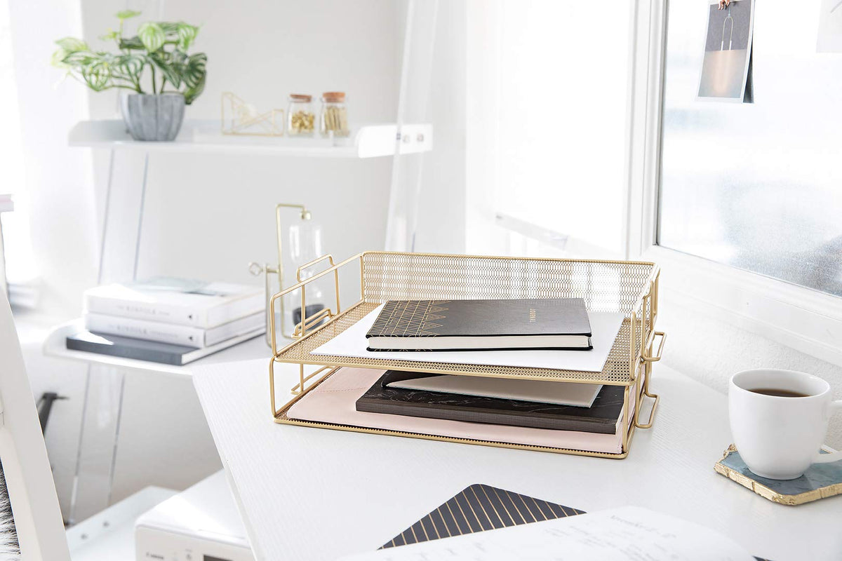 BLU MONACO | Paper Tray Stackable Gold Mesh Set of 2 | Stackable File Trays for Desk Organization | Tiered Desk Organizer with Metal Letter Trays