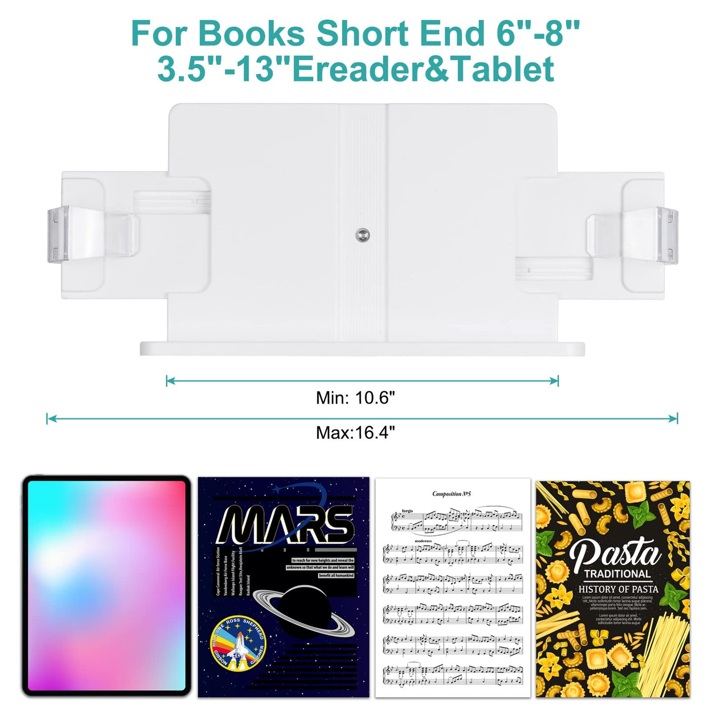 PATIKIL Book Stand for Reading, Metal Reading Rest Book Holder with Page Clips, Height Angle Adjustable, 360° Rotating Arm Suitable for Sheet Music, Laptop